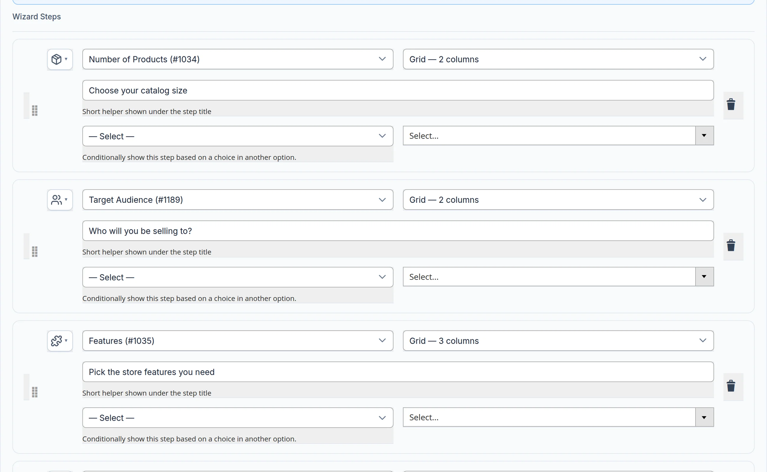 The Order Wizard section of a service card: steps with their option set, layout and helper