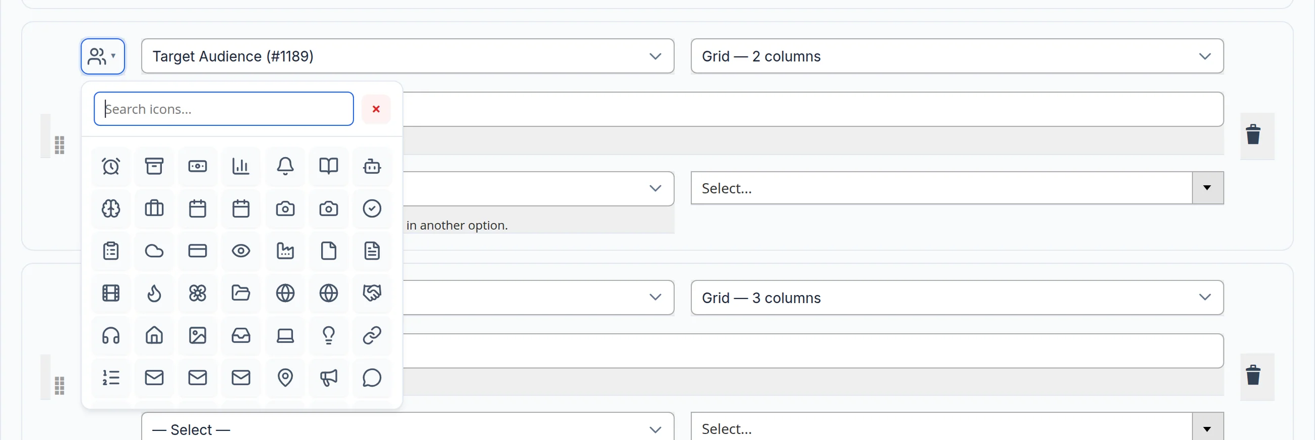 Choosing a step icon: an icon grid with search