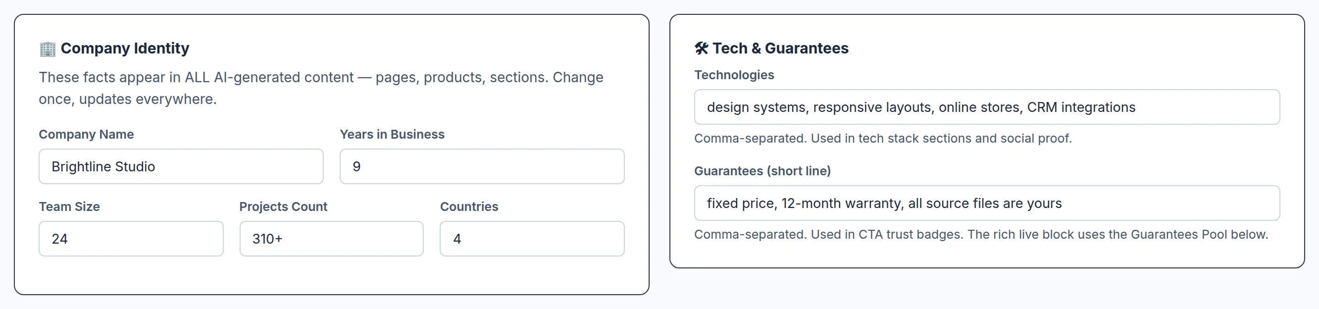 Company Context form: name Brightline Studio, 9 years in business, team of 24, 310+ projects, 4 countries; technologies — design systems, responsive layouts, online stores, CRM integrations; guarantees — fixed price, 12-month warranty, all source files are yours
