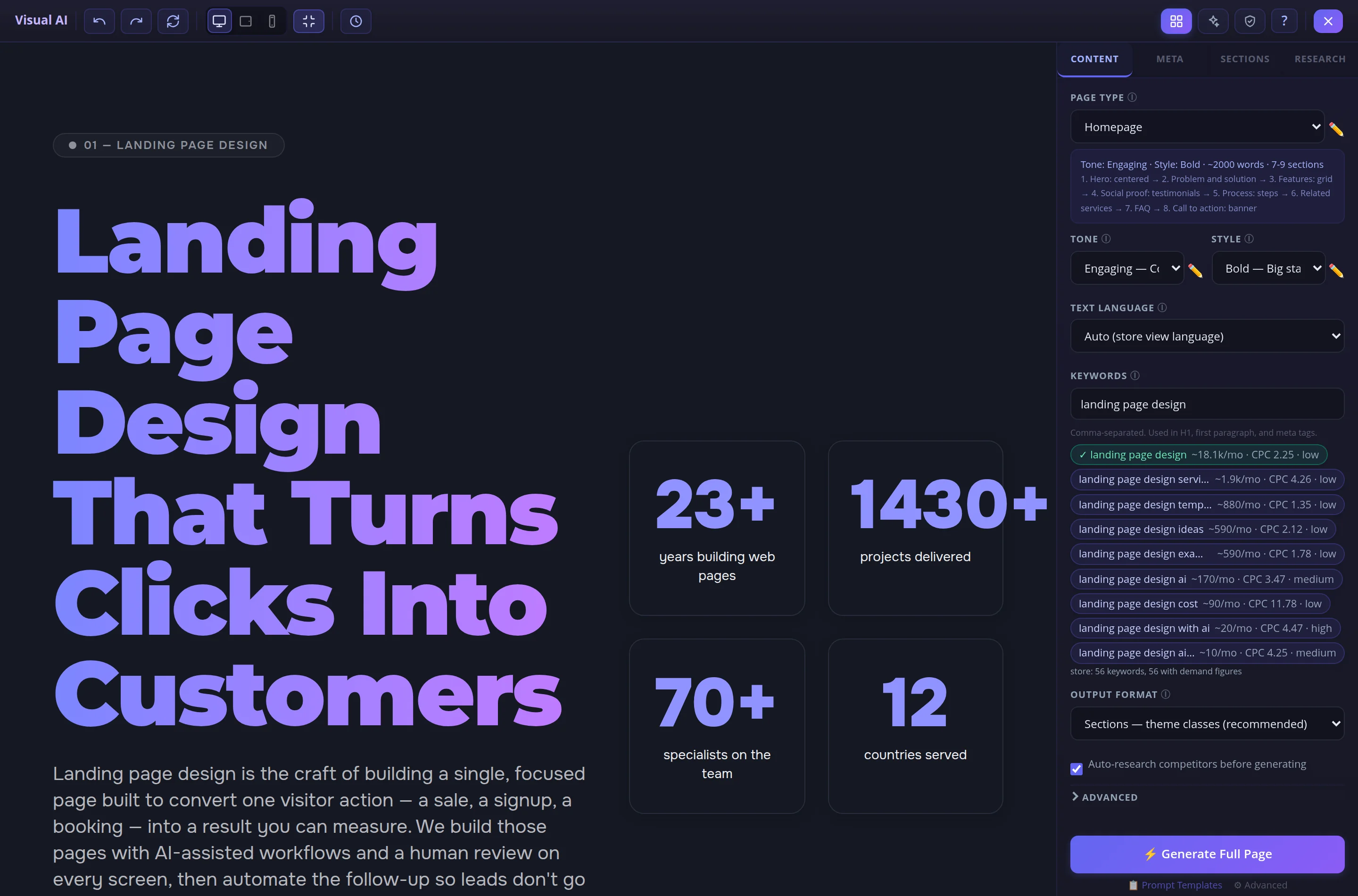 Visual AI window: on the left a page headed “Landing Page Design That Turns Clicks Into Customers” with 23+ years, 1430+ projects, 70+ specialists, 12 countries; on the right the panel — page type, tone Engaging, style Bold, text language, keyword field “landing page design” and suggestions from the store: landing page design ~18.1k/mo, CPC 2.25, low; landing page design services ~1.9k/mo; landing page design ideas ~590/mo and more