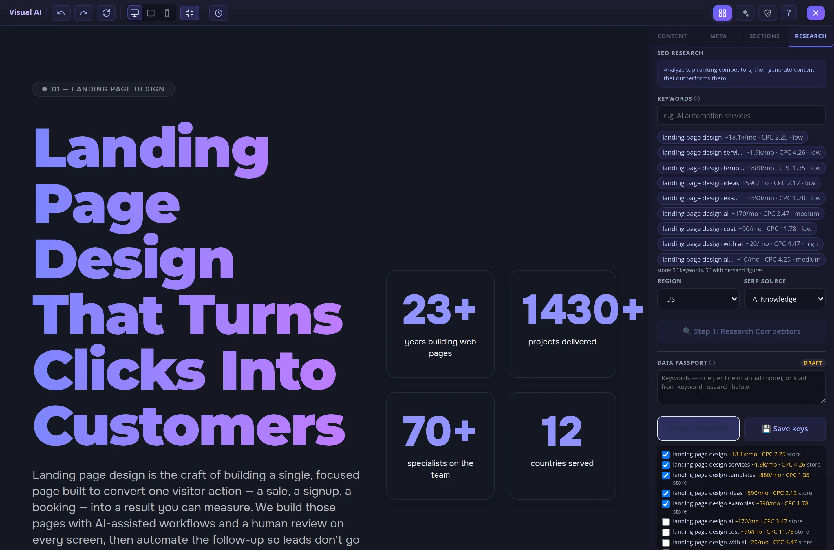 Research tab of the Visual AI window: keyword suggestions with demand figures, region US, SERP source AI Knowledge, Data Passport with Auto (research) and Save keys buttons and a ticked candidate list: landing page design ~18.1k/mo, landing page design services ~1.9k/mo, landing page design templates ~880/mo and more