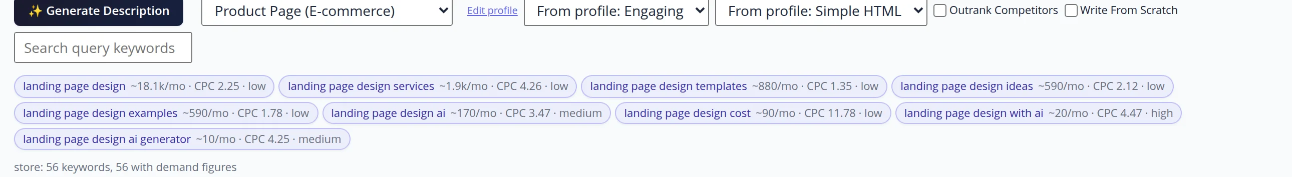 Generation panel in the product form: Generate Description button, type Product Page (E-commerce), tone Engaging, format Simple HTML, keyword field and store suggestions with monthly searches, cost per click and competition; below the line “store: 56 keywords, 56 with demand figures”
