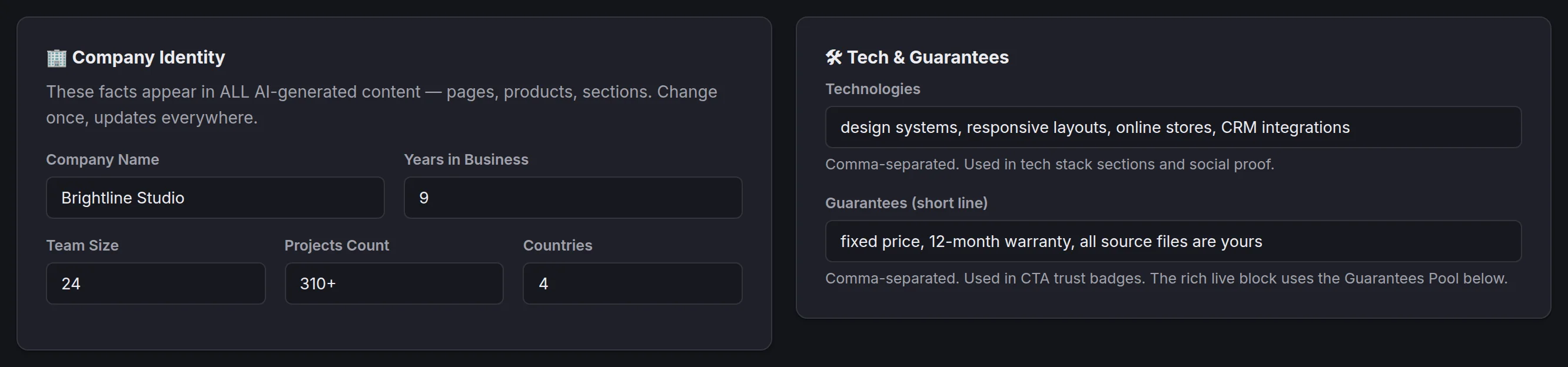 The same Company Context form in the dark admin theme: Company Identity and Tech & Guarantees cards