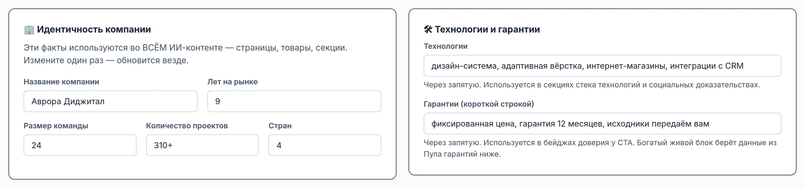 Форма «Контекст компании»: название «Аврора Диджитал», 9 лет на рынке, команда 24 человека, 310+ проектов, 4 страны; технологии — дизайн-система, адаптивная вёрстка, интернет-магазины, интеграции с CRM; гарантии — фиксированная цена, гарантия 12 месяцев, исходники передаём вам