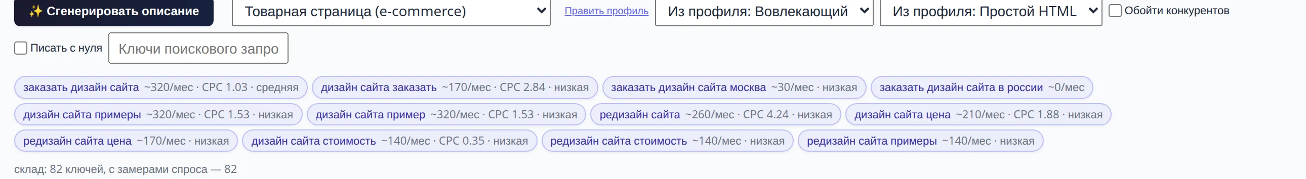 Панель генерации в карточке товара: кнопка «Сгенерировать описание», тип «Товарная страница (e-commerce)», тон «Вовлекающий», формат «Простой HTML», поле ключей и подсказки со склада с числом поисков в месяц, ценой клика и конкуренцией; внизу строка «склад: 82 ключей, с замерами спроса — 82»