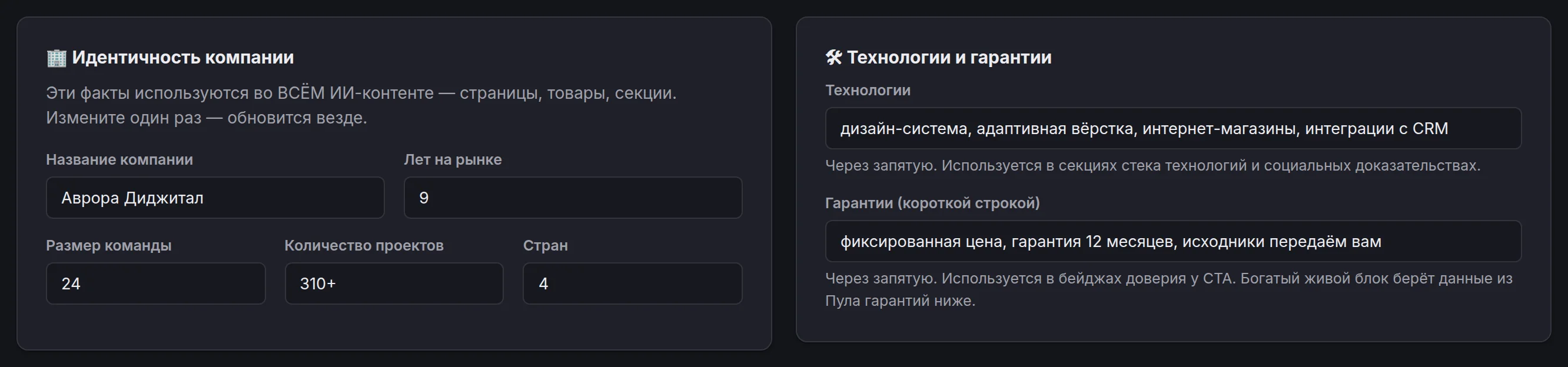 Та же форма «Контекст компании» в тёмной теме панели: карточки «Идентичность компании» и «Технологии и гарантии»