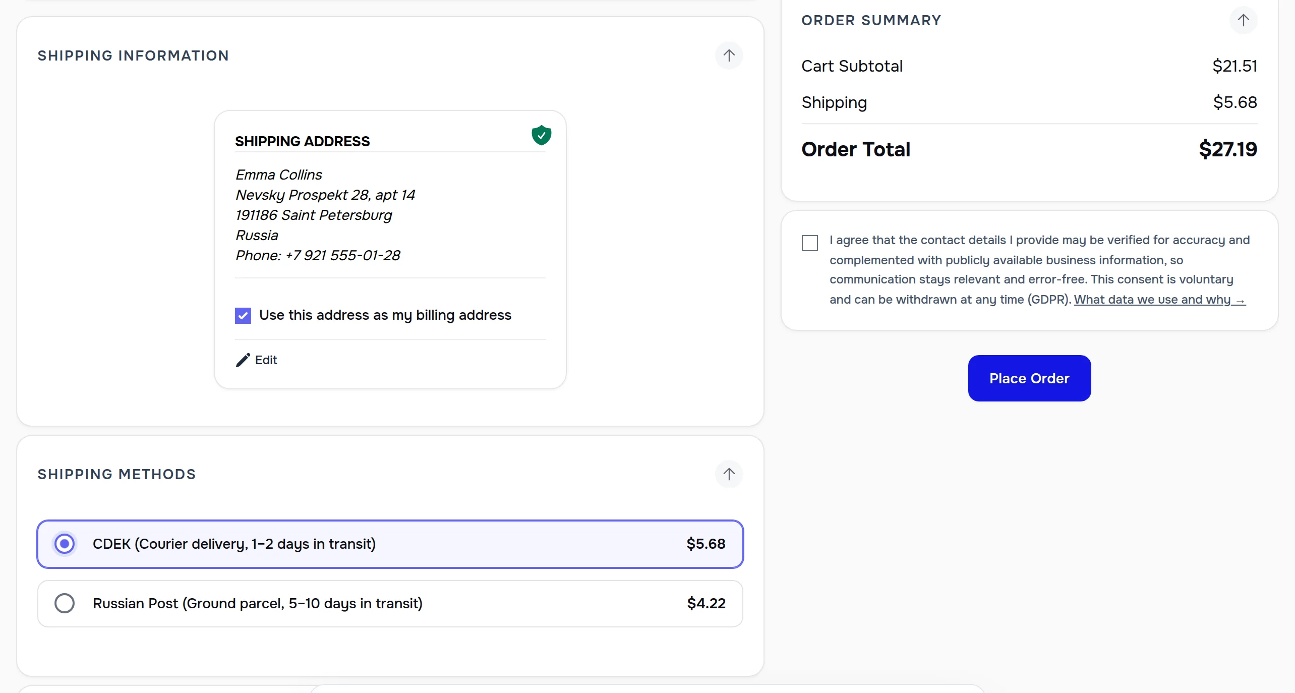 Checkout with Emma Collins's address in Saint Petersburg: CDEK courier delivery in 1–2 days for $5.68 and a Russian Post ground parcel in 5–10 days for $4.22; the order summary shows the same $5.68 for shipping