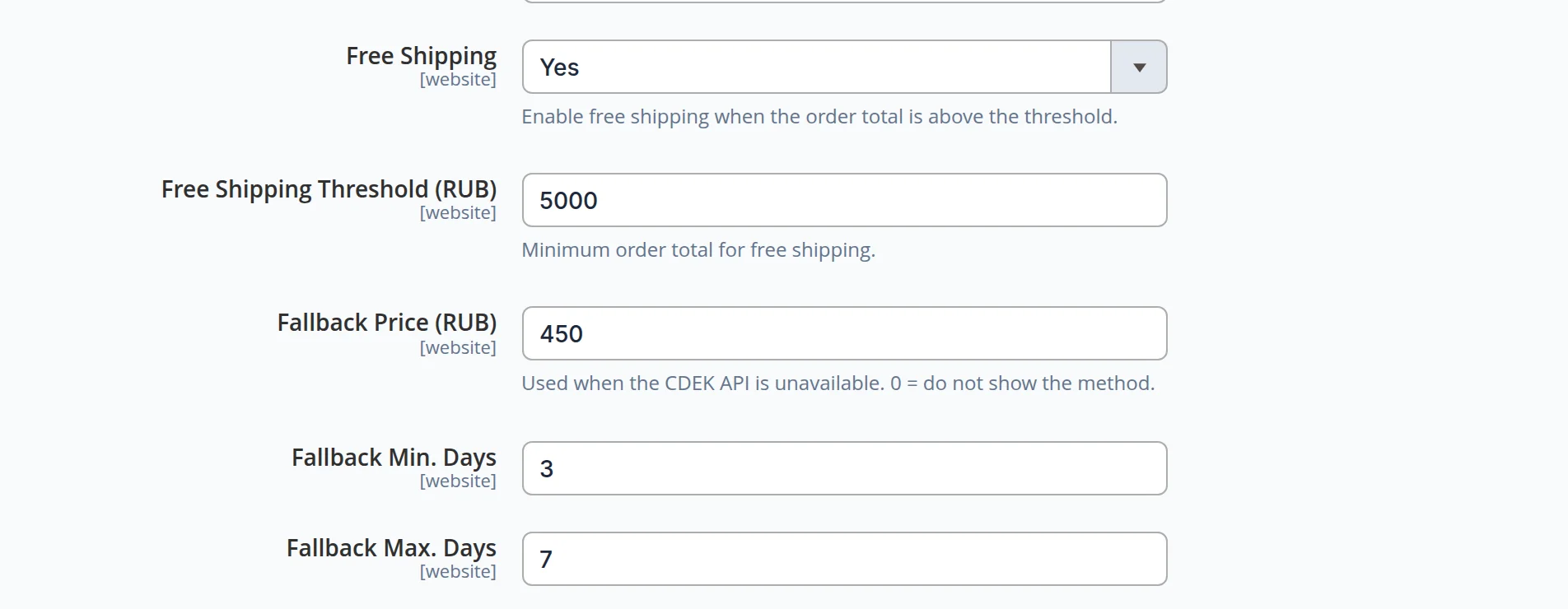 CDEK rules: free shipping enabled from 5000 rubles, fallback price 450 rubles, fallback time 3 to 7 days