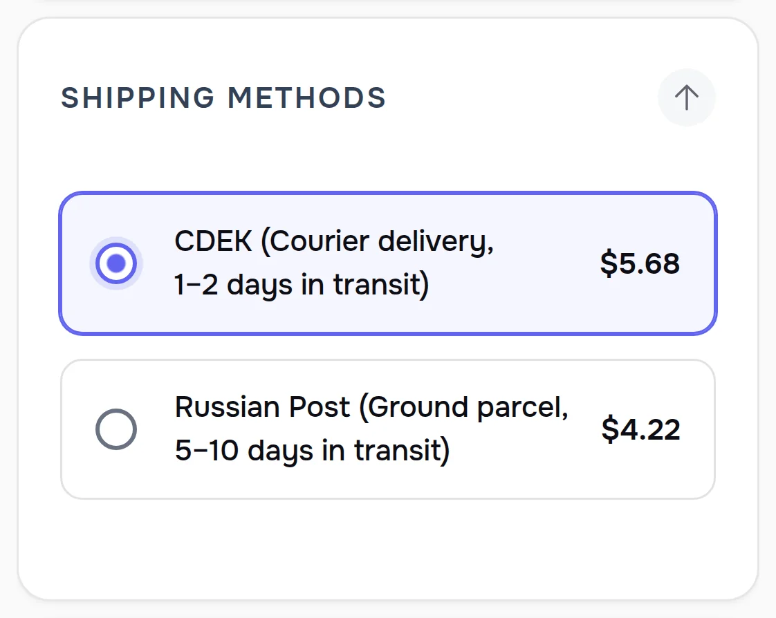 Shipping methods on a phone: CDEK courier delivery in 1–2 days for $5.68 and Russian Post ground parcel in 5–10 days for $4.22; the delivery time does not break across lines