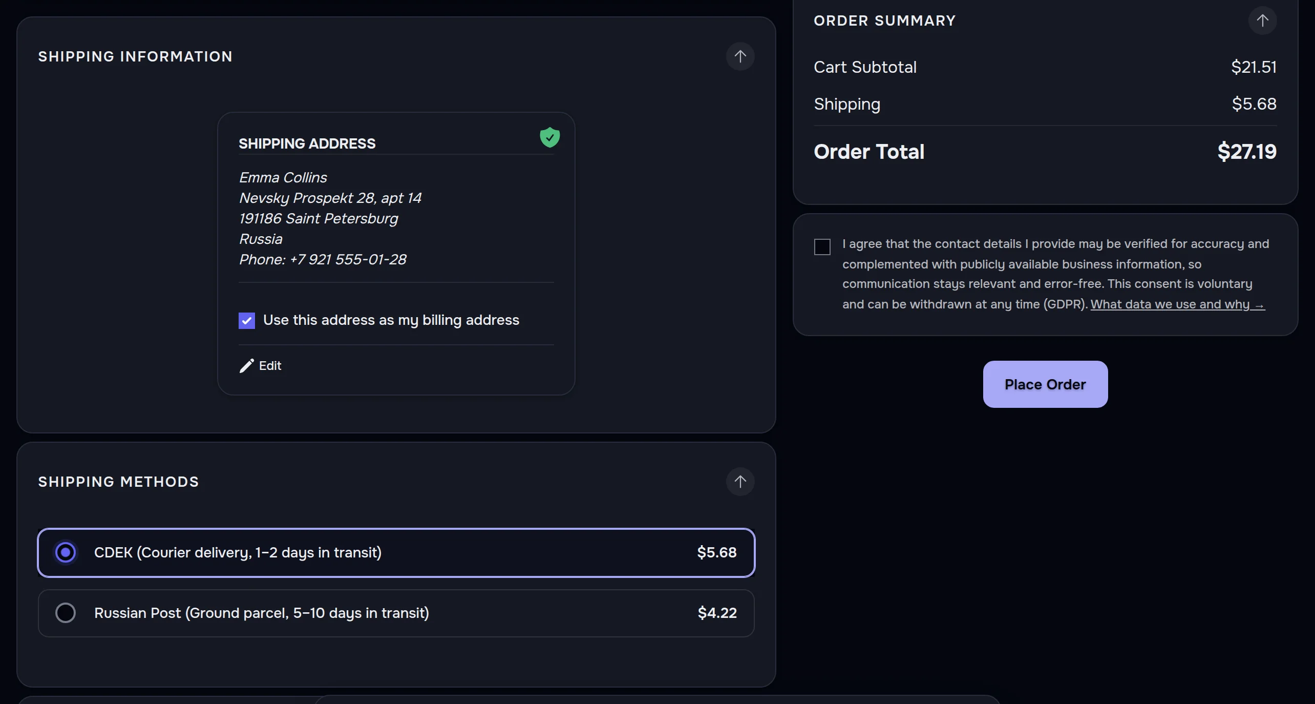 Checkout in the dark theme: Emma Collins's address, CDEK and Russian Post with prices, order total $27.19