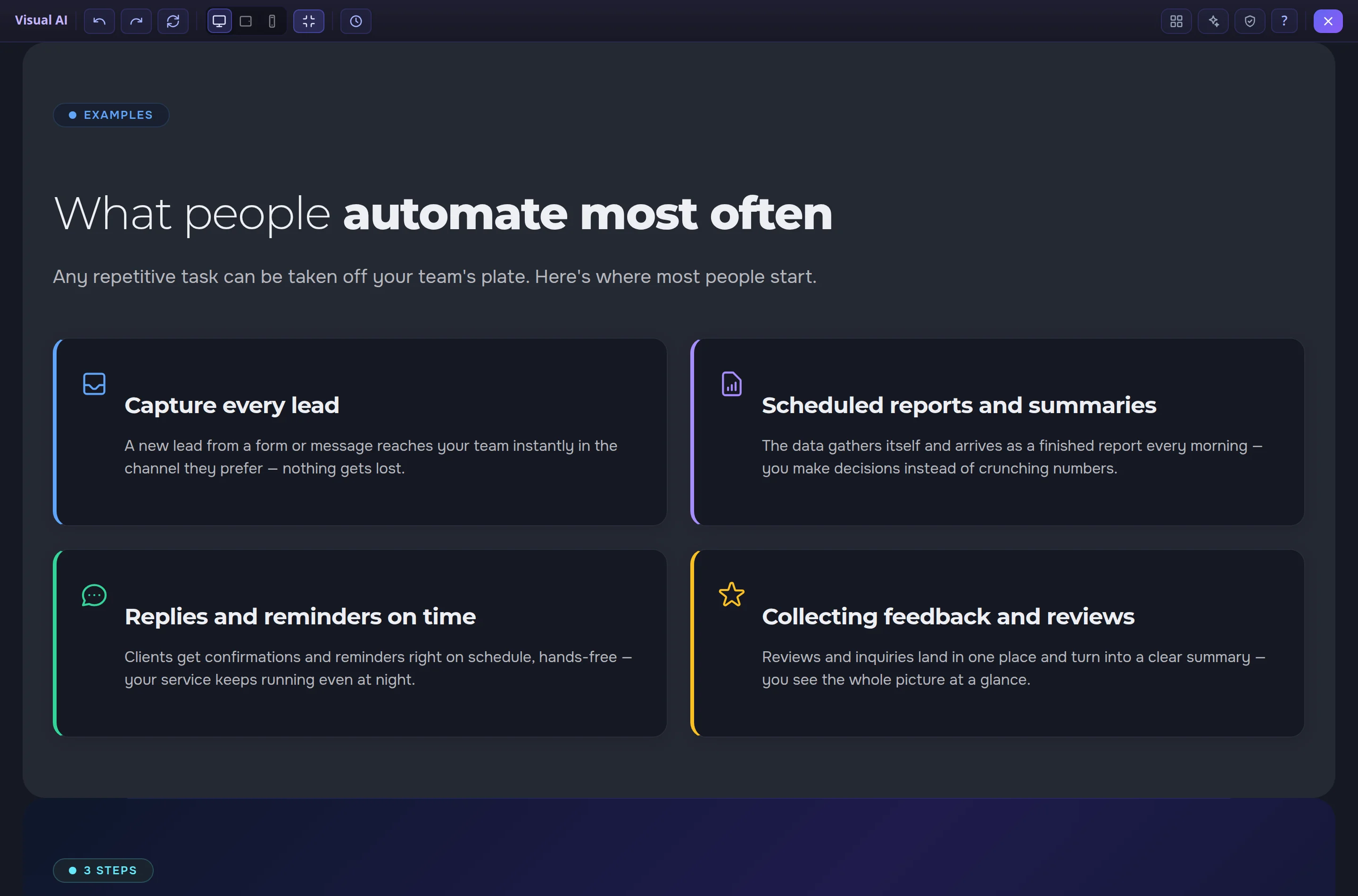 Visual editor in the admin panel: undo, redo, screen width, version history and shortcut buttons at the top; below, the “What people automate most often” block with four cards — capturing leads, scheduled reports, replies and reminders, collecting feedback
