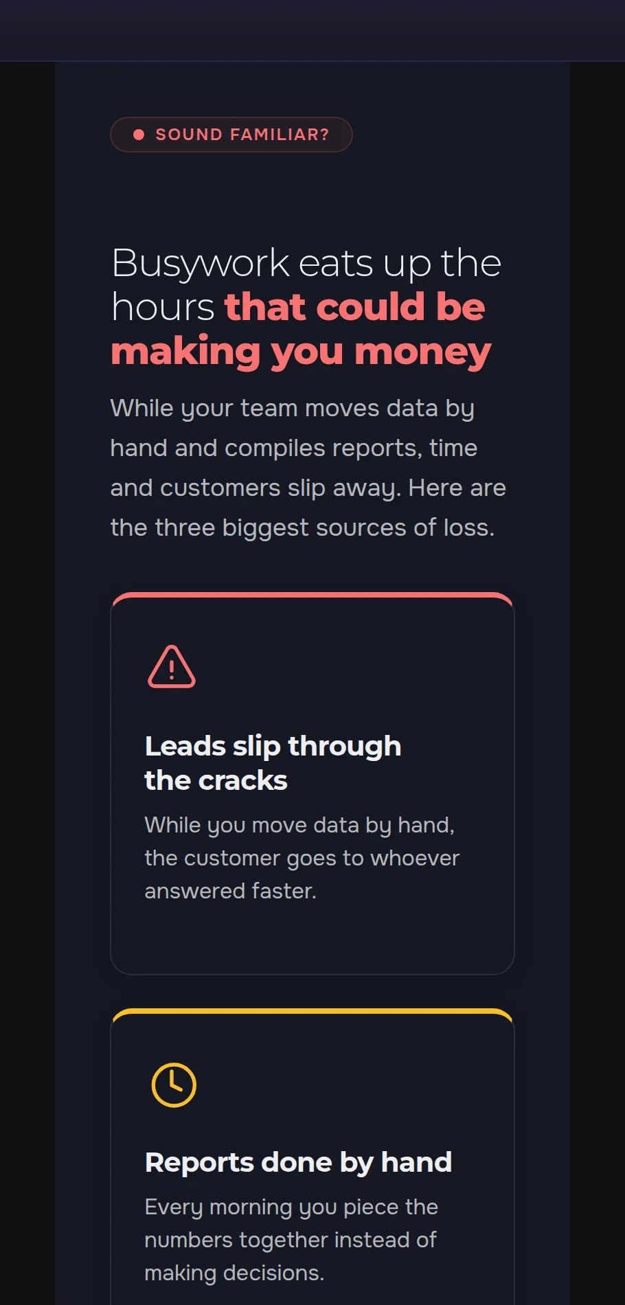 The page in the editor at phone width 375 px: the “Sound familiar?” block with the heading “Busywork eats up the hours that could be making you money” and the cards “Leads slip through the cracks” and “Reports done by hand”
