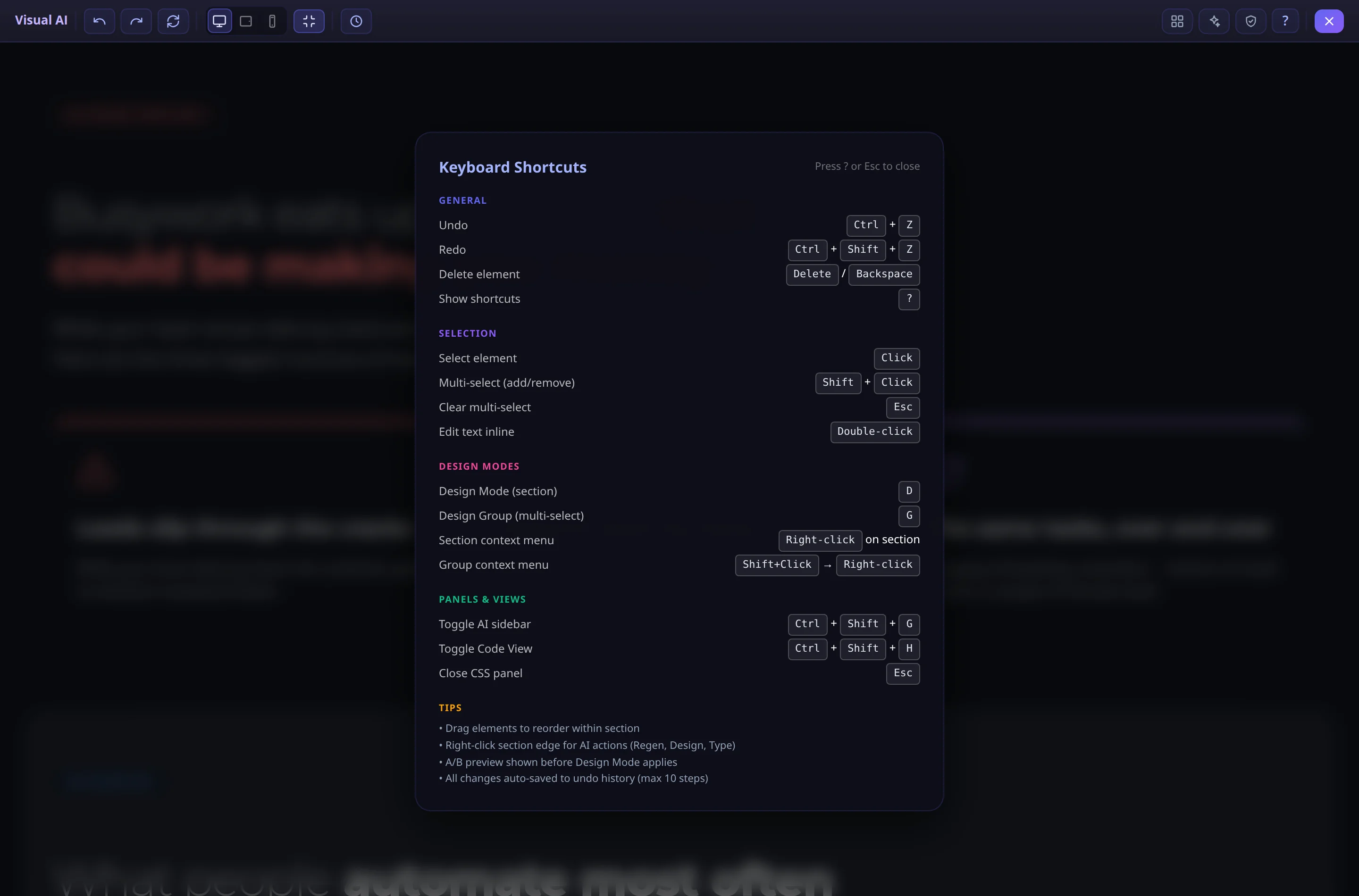 The “Keyboard Shortcuts” window over the page: undo and redo, selecting elements, editing text with a double-click, design modes, panels and tips