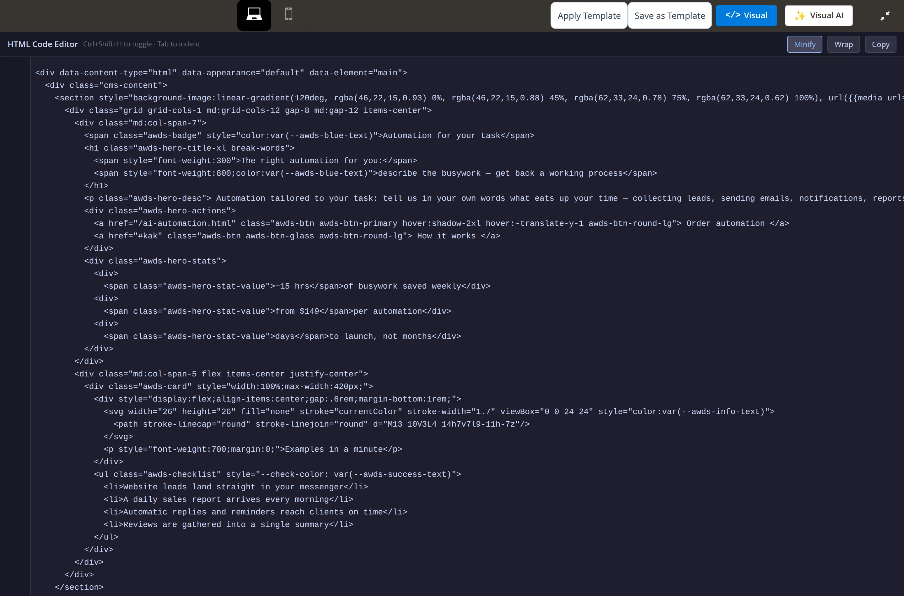 HTML code editor: “Apply Template”, “Save as Template”, “Visual” and “Visual AI” buttons at the top, then “Minify”, “Wrap”, “Copy” and the markup of the page’s first screen laid out by level