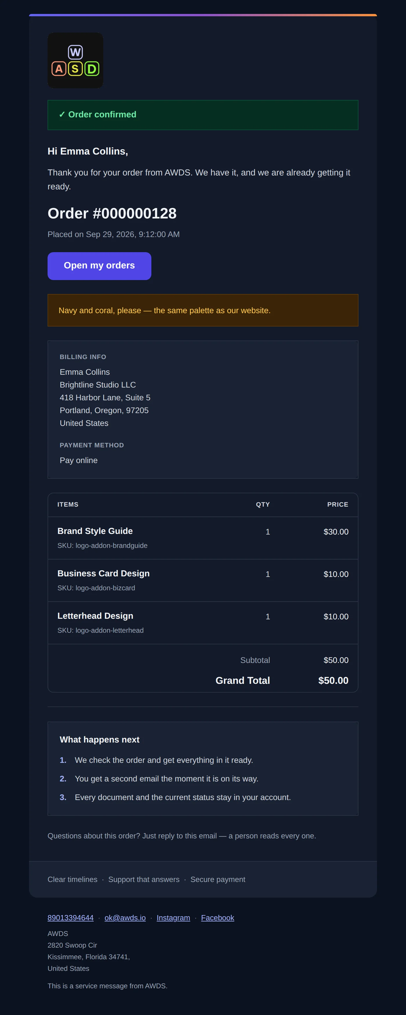 The same order confirmation in the dark theme: dark background, light text, a dark green Order confirmed note, the comment in a dark amber box, the items table readable on the dark background