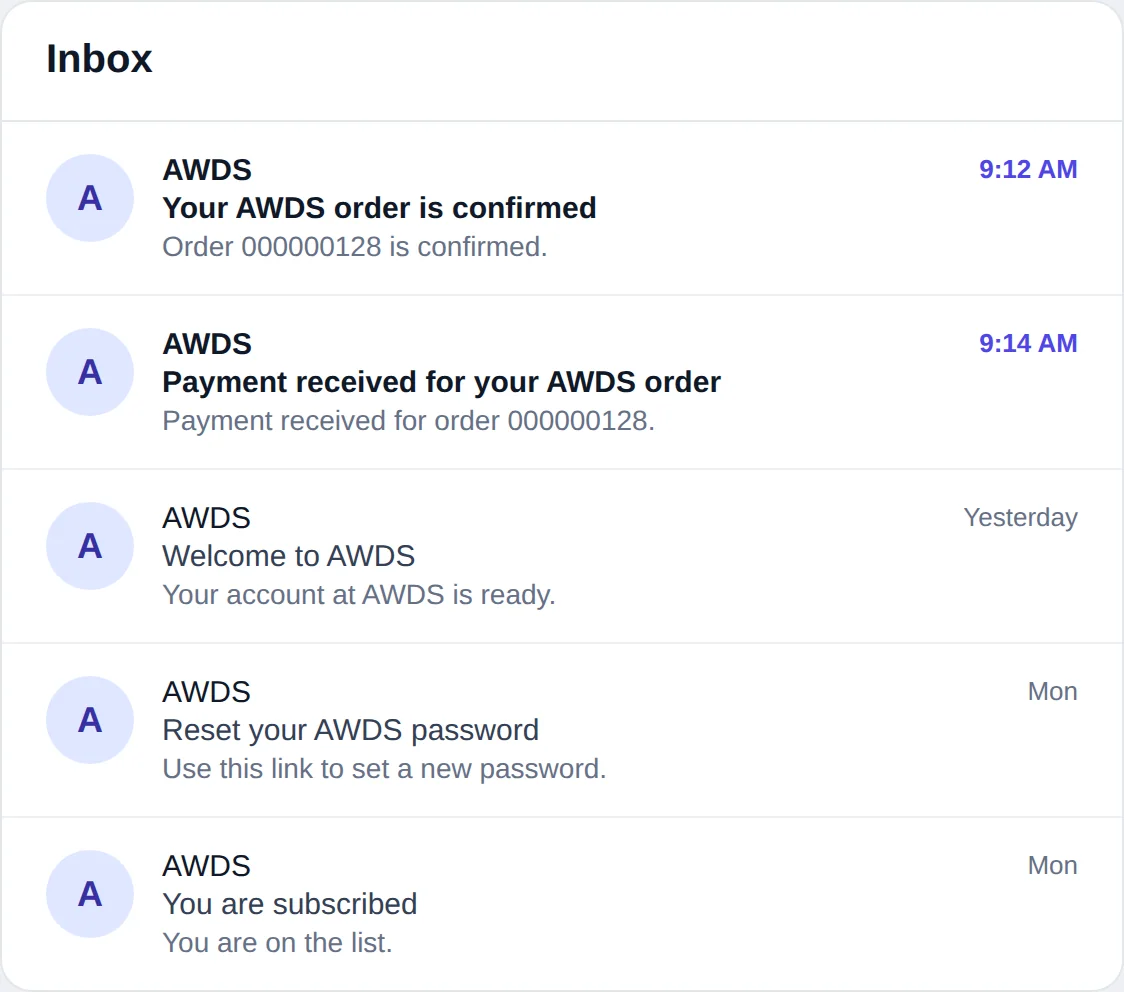 Illustration of an inbox: five letters from the store with their subjects and preview lines — Order 000000128 is confirmed, Payment received for order 000000128, Your account is ready, Use this link to set a new password, You are on the list
