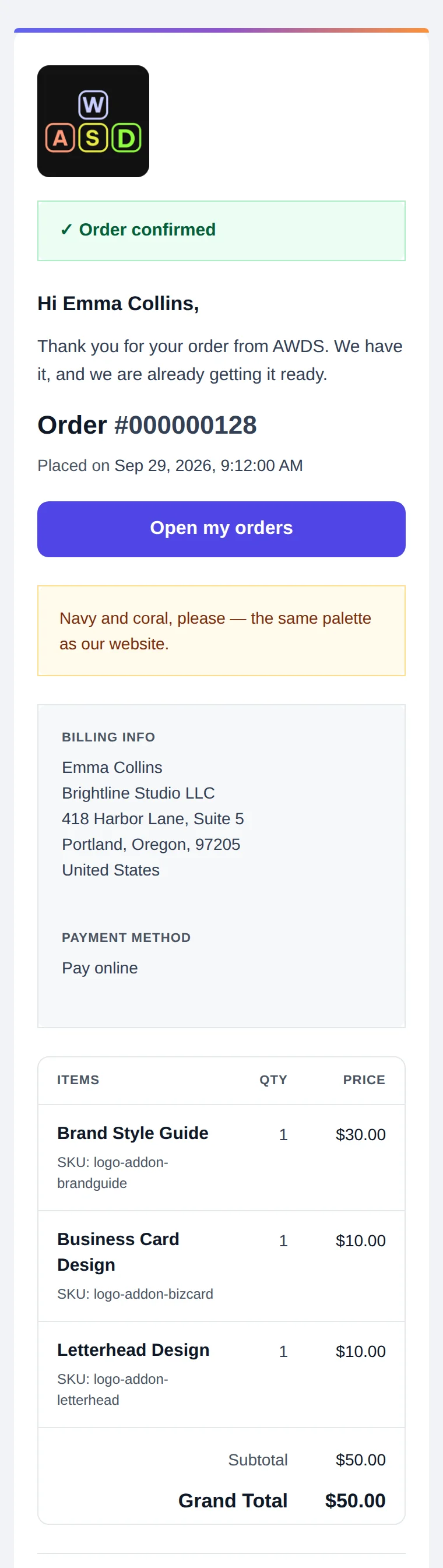 The order confirmation on a phone-sized screen: the Open my orders button across the full width, the comment and billing details, the items table with wrapped names and the total