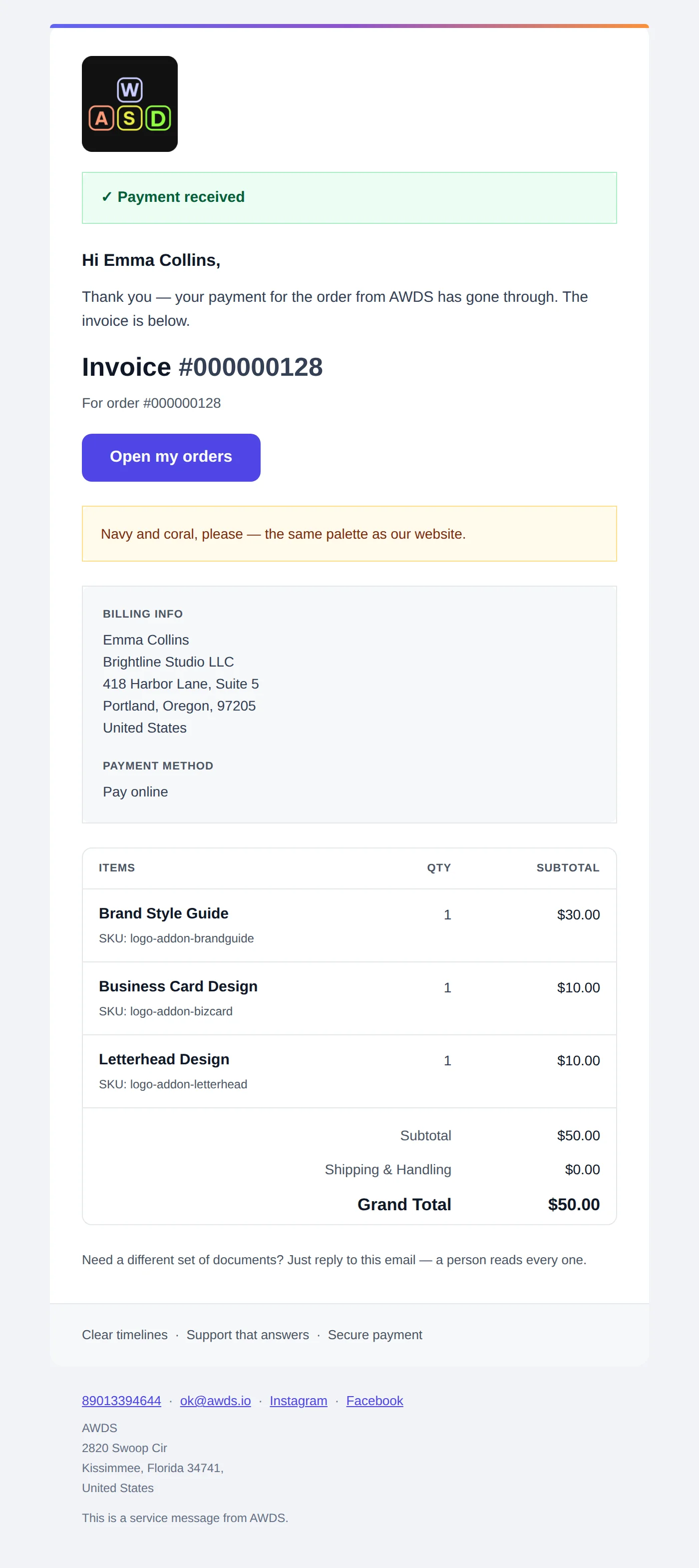 Payment received letter: the invoice number and the order it belongs to, the Open my orders button, billing details, the items with prices and the grand total
