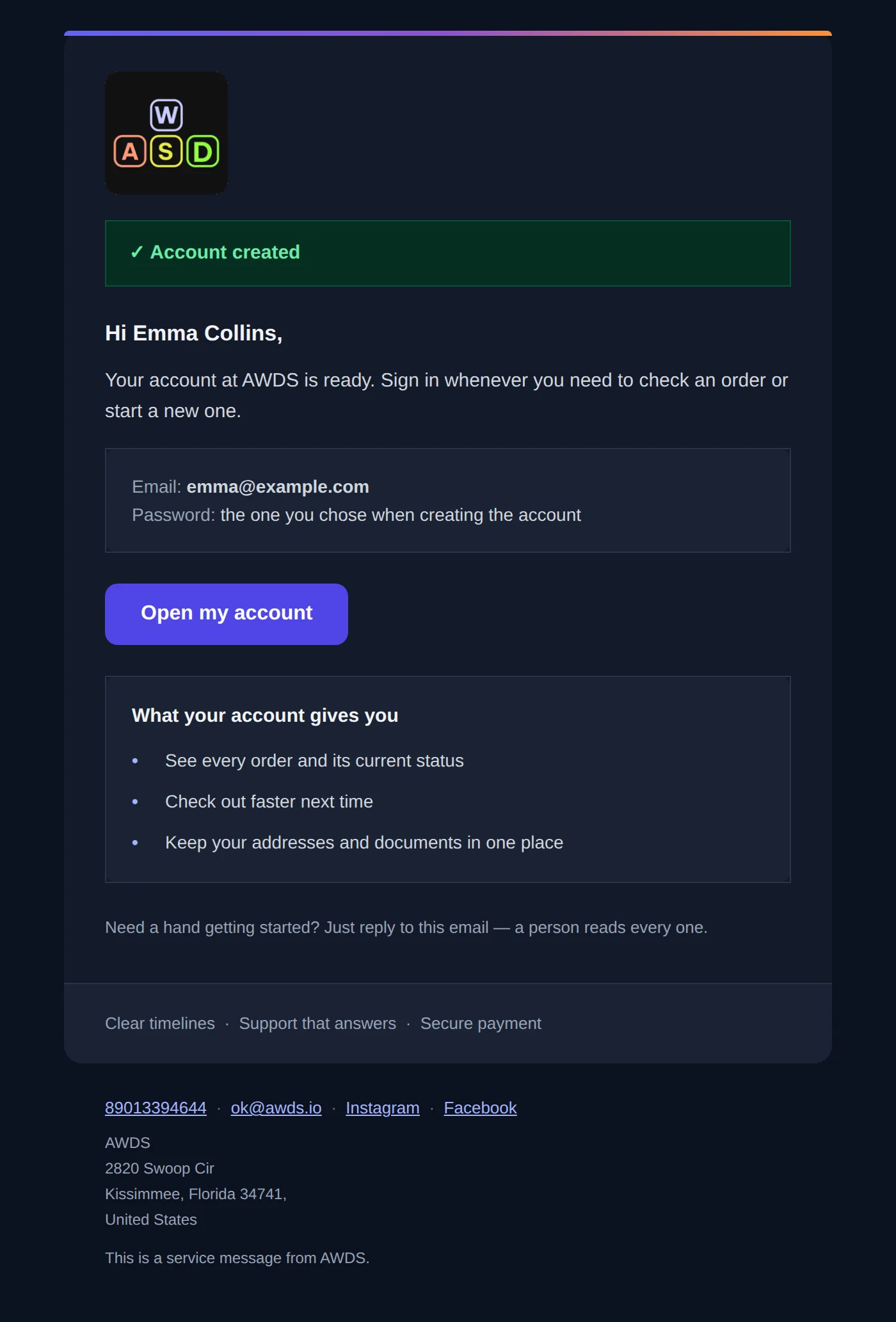 New account letter in the dark theme: the note Account created, the sign-in e-mail, the Open my account button and a list of what the account gives