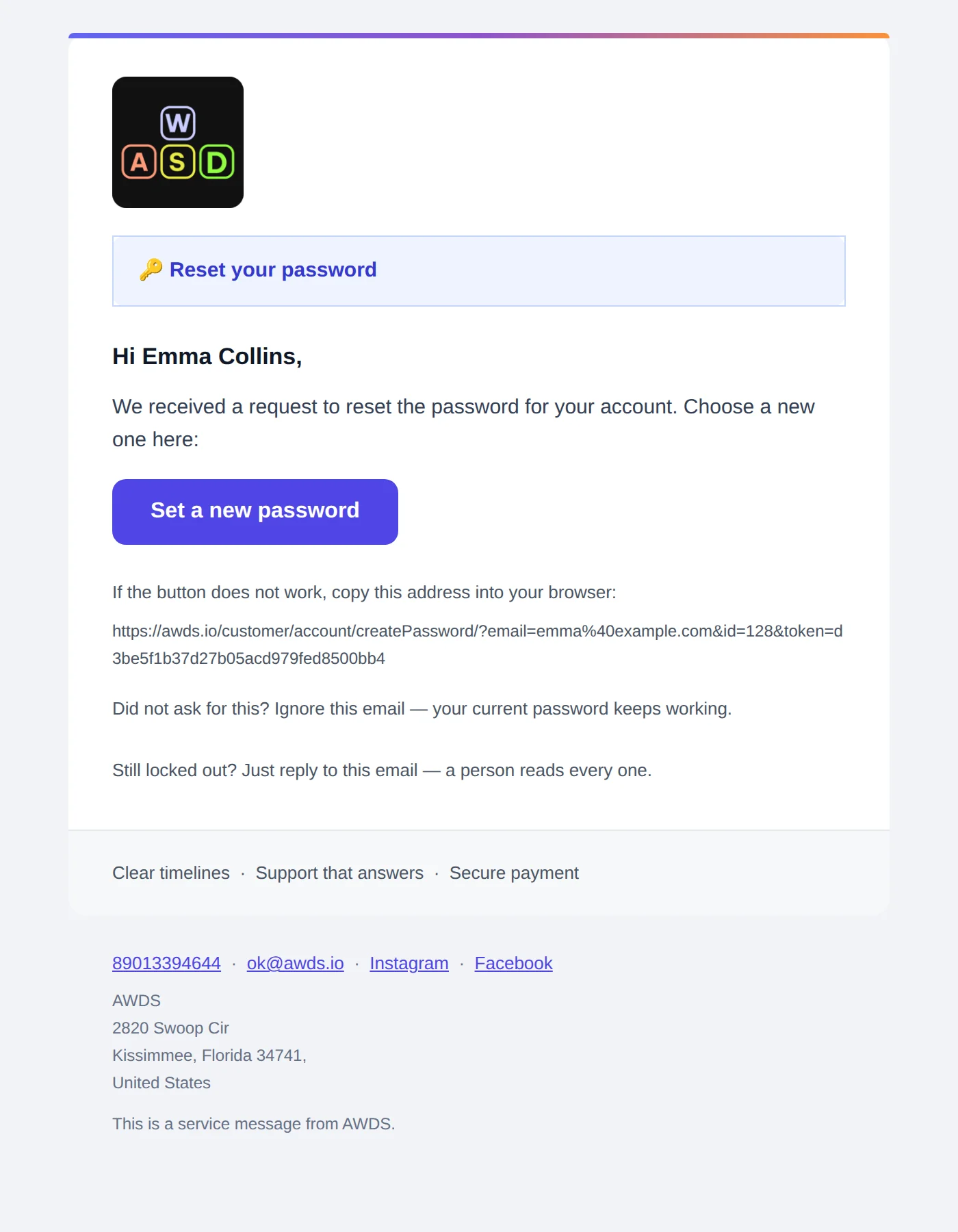 Password reset letter: the Set a new password button, a backup link to copy into the browser and the note Did not ask for this? Ignore this email — your current password keeps working