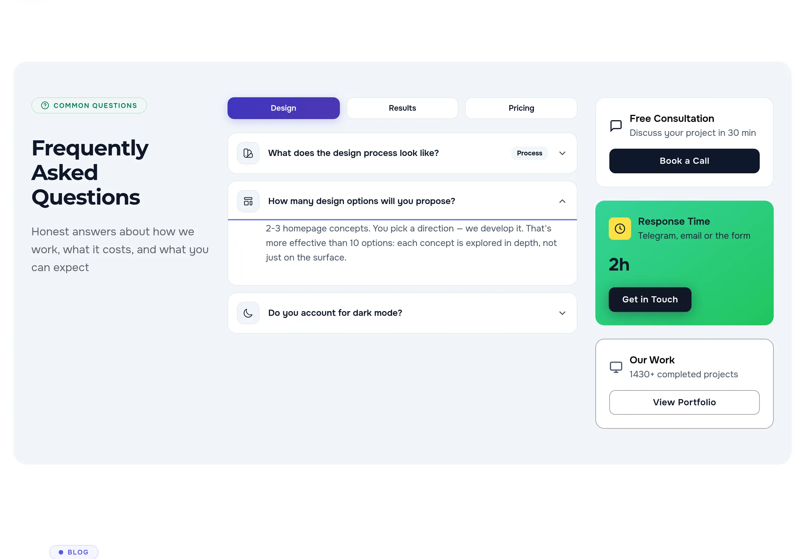 The FAQ block on the web design page: Design, Results and Pricing tabs, the answer about design options open