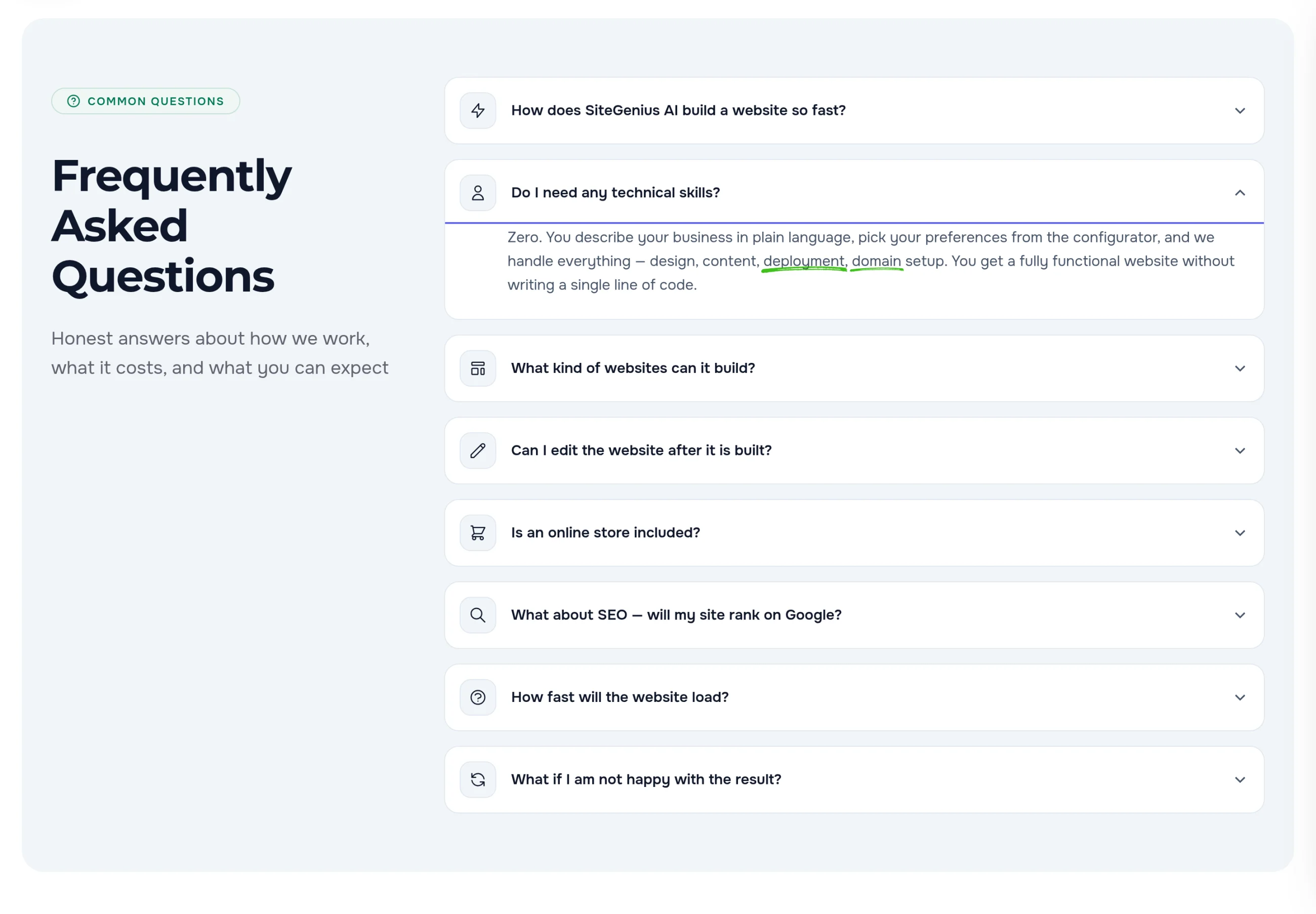 Questions on a product card: each question with its own icon, the answer about technical skills open