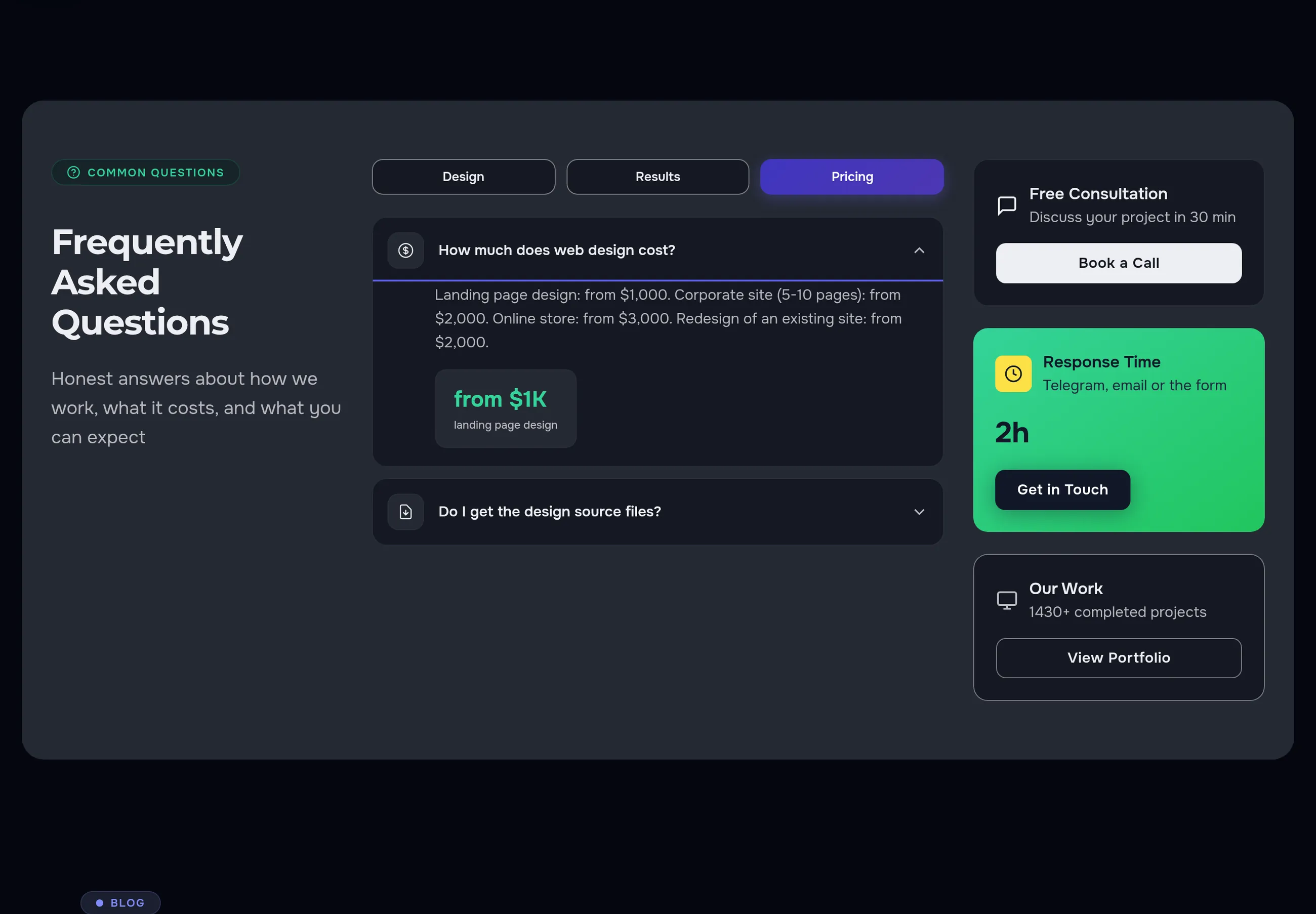 The FAQ block in the dark theme: the Pricing tab with the price answer open