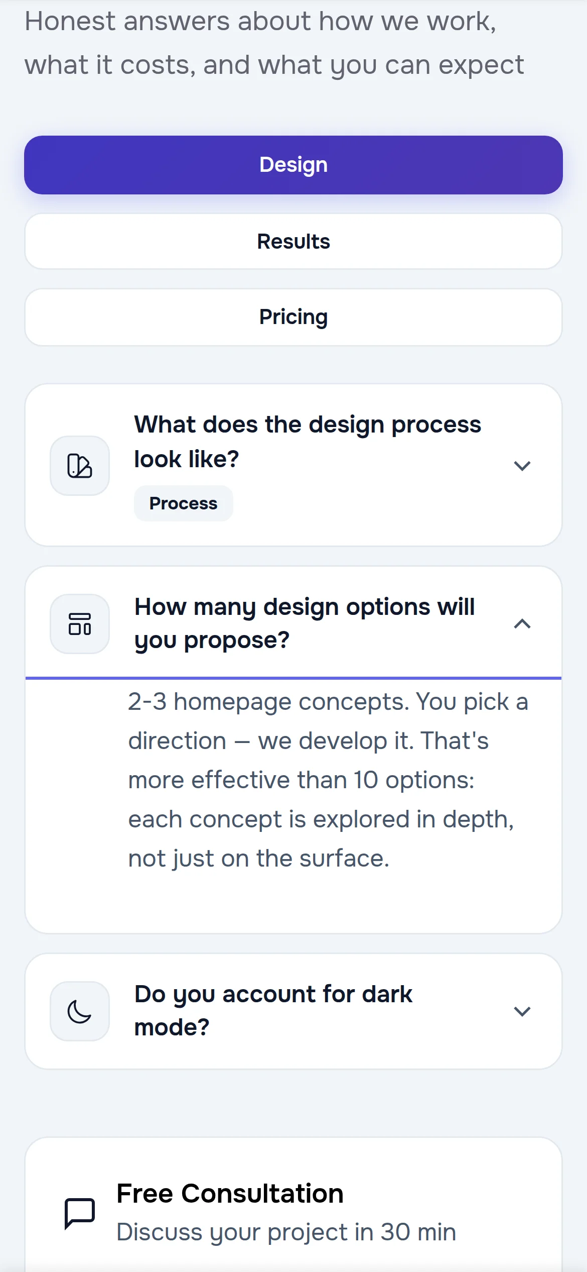 The FAQ block on a phone: stacked tabs, the answer about design options open