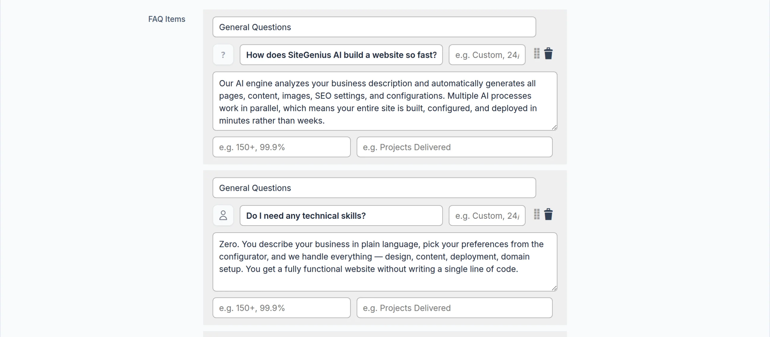 The questions section of a product card: topic, question, icon, answer, label, figure and caption