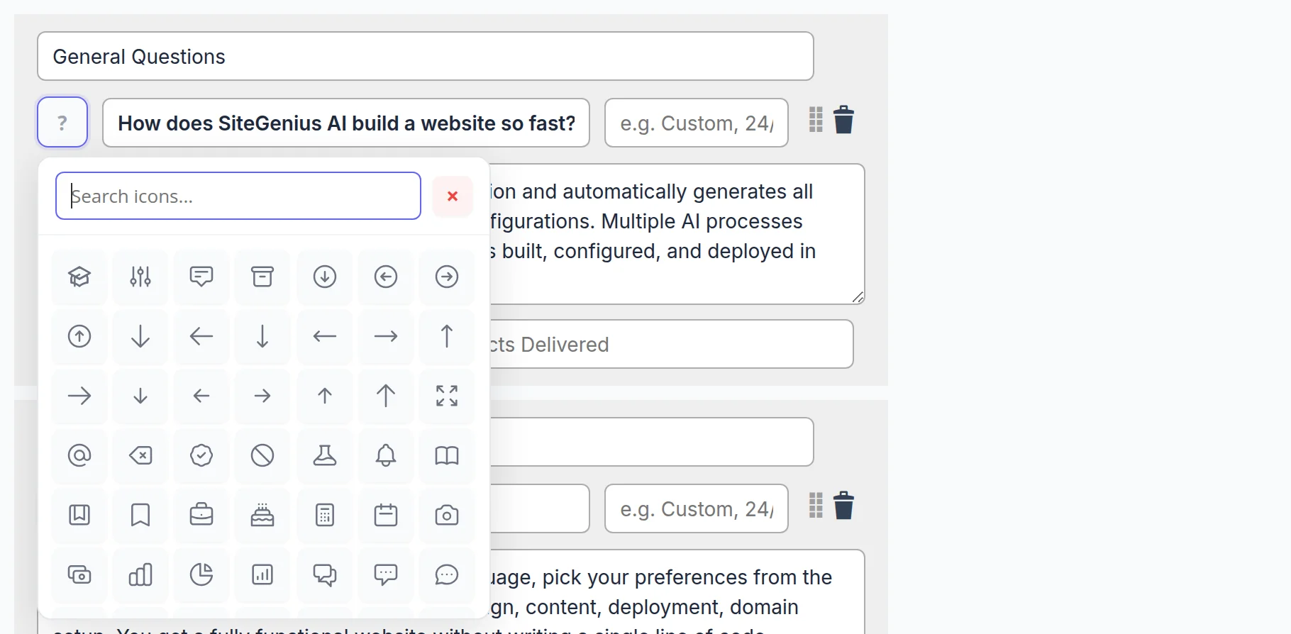 Choosing a question icon: an icon grid with search