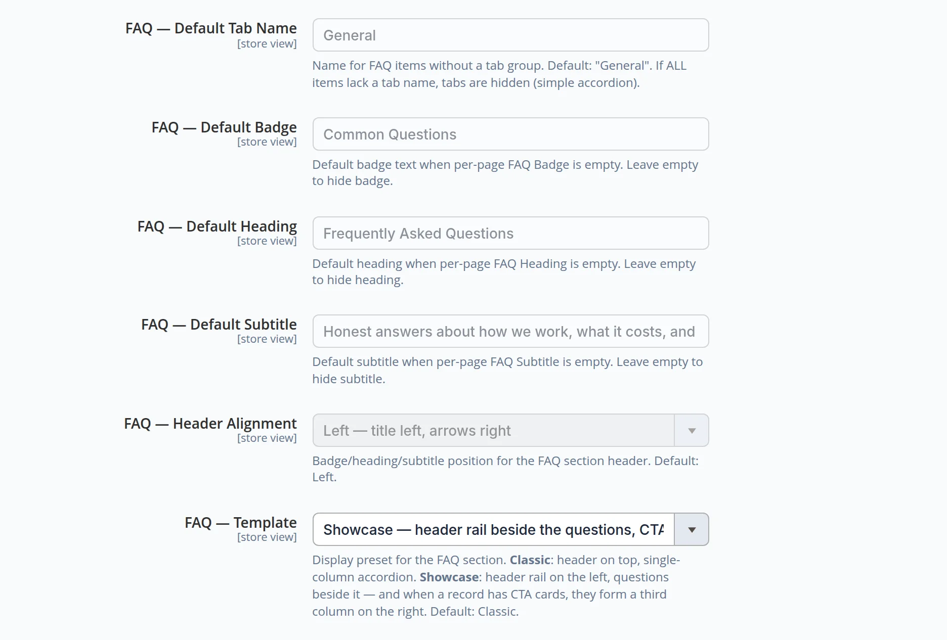 Block settings for the English version: default tab, badge, heading, subtitle, alignment, template