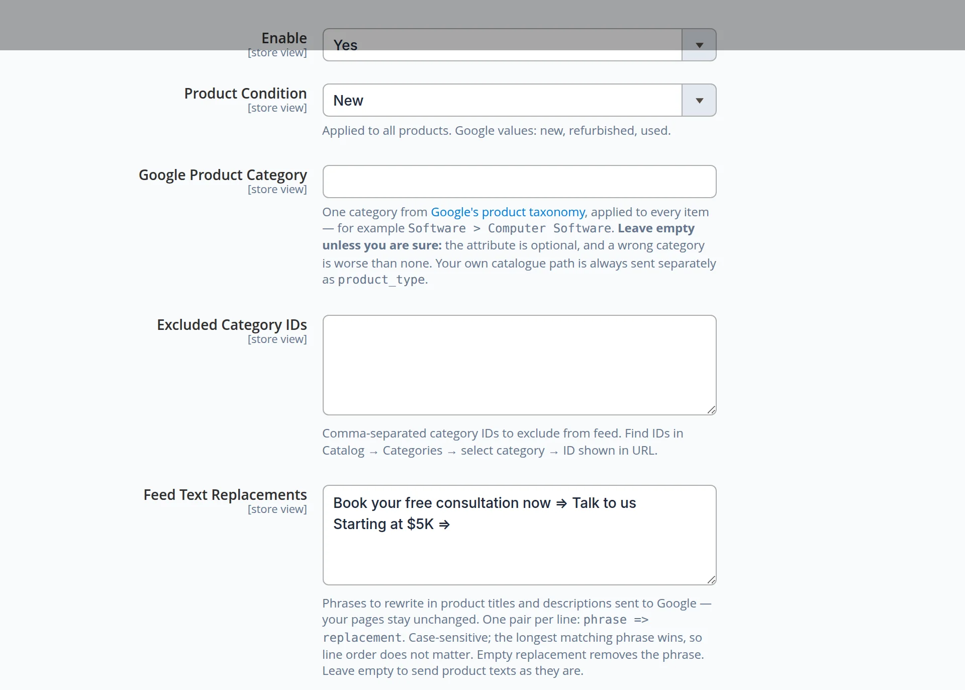 Google feed settings in the admin panel: enable, product condition, Google category, excluded categories and feed text replacements