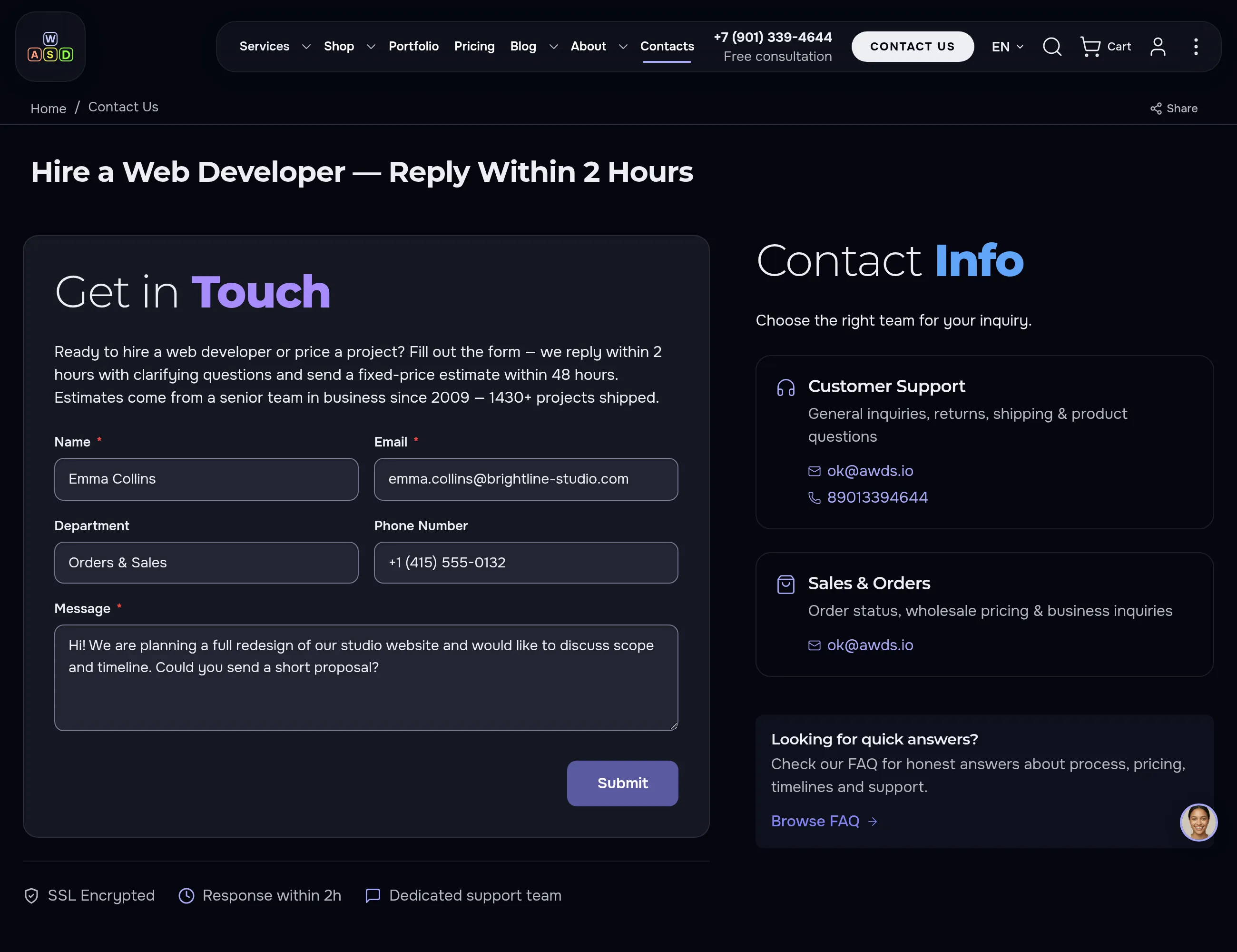 Contact form — name, department selector, phone and the client's message