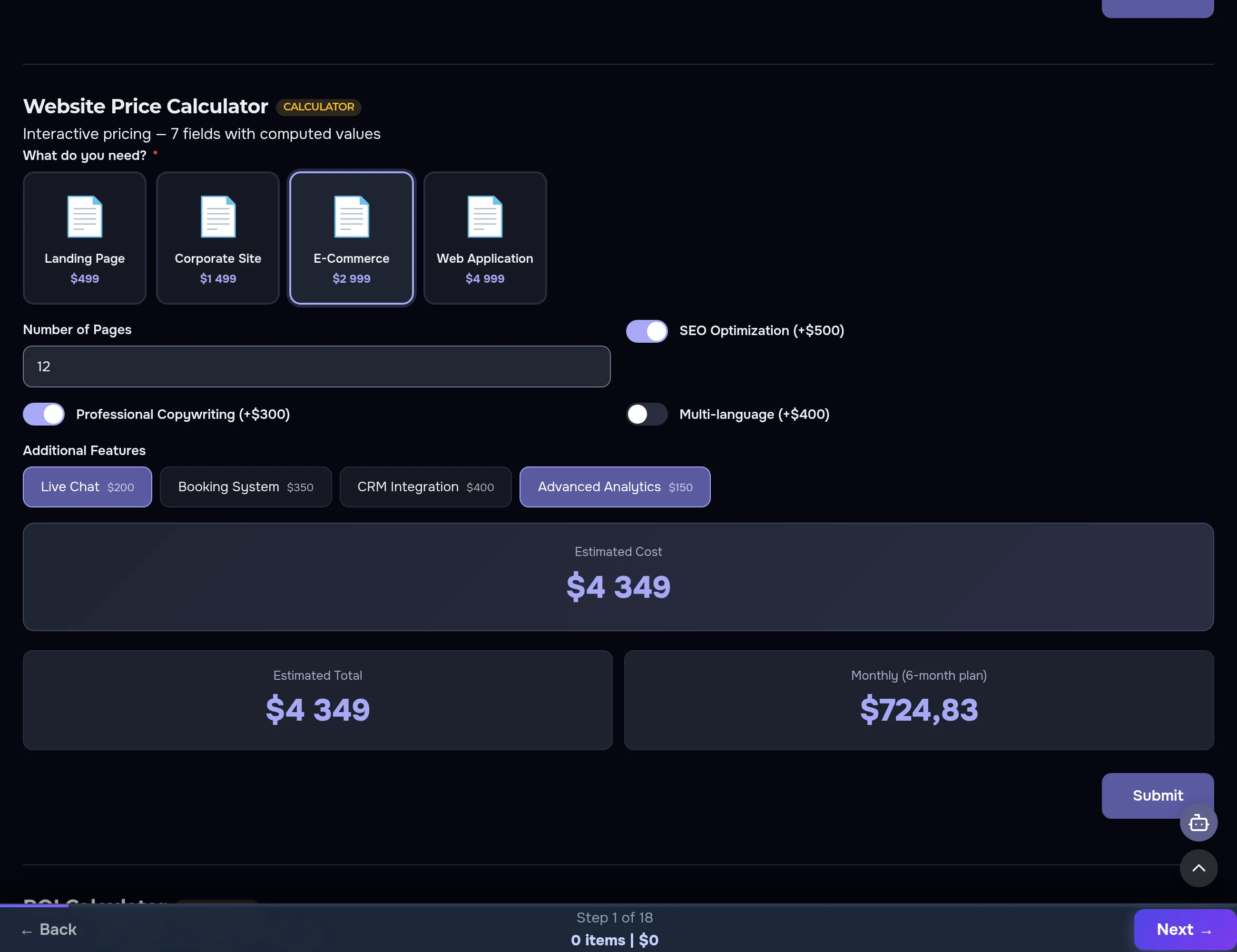 Website price calculator — e-commerce selected with options, live total and a 6-month instalment plan