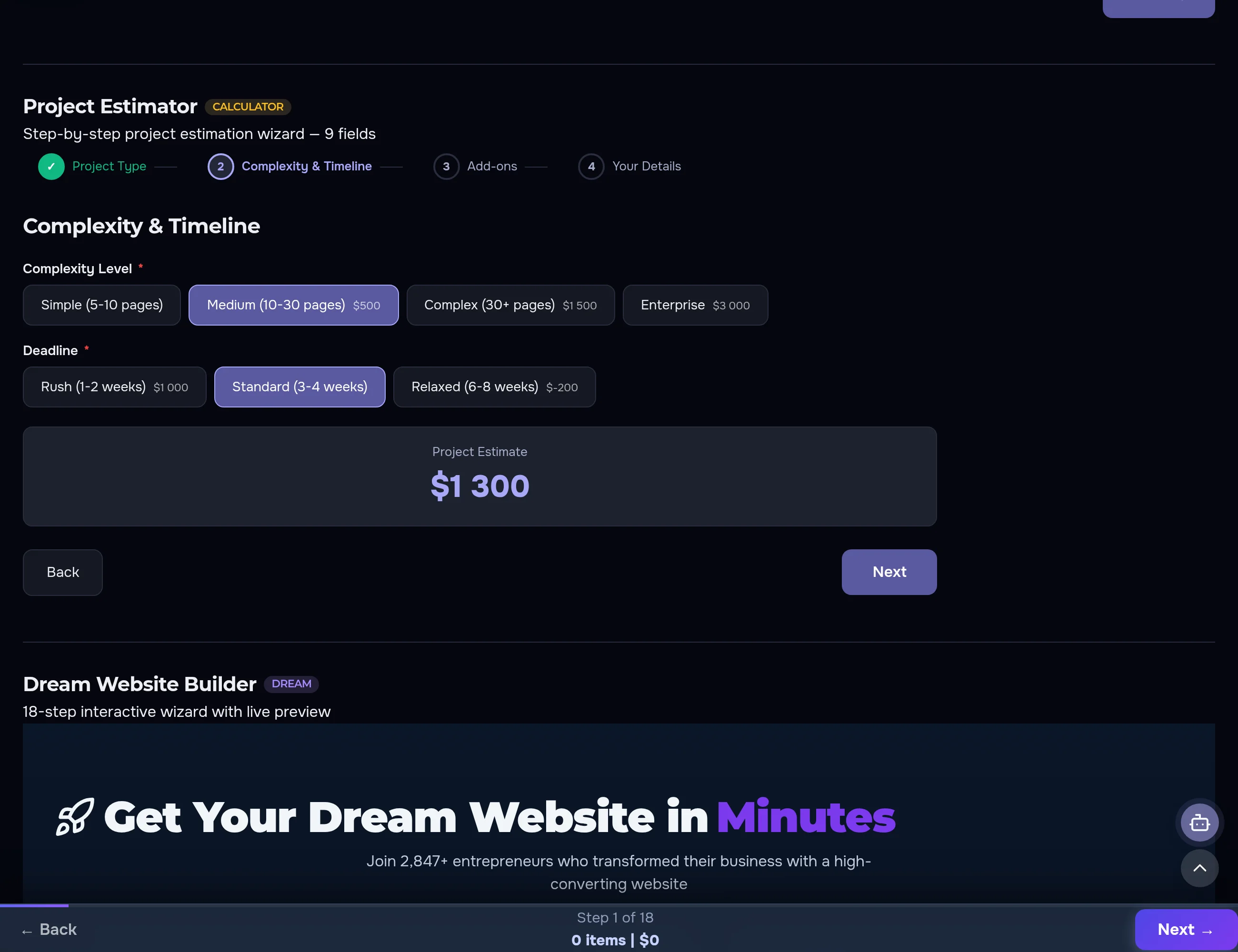 Project estimator wizard — the Complexity and Timeline step, two steps already done