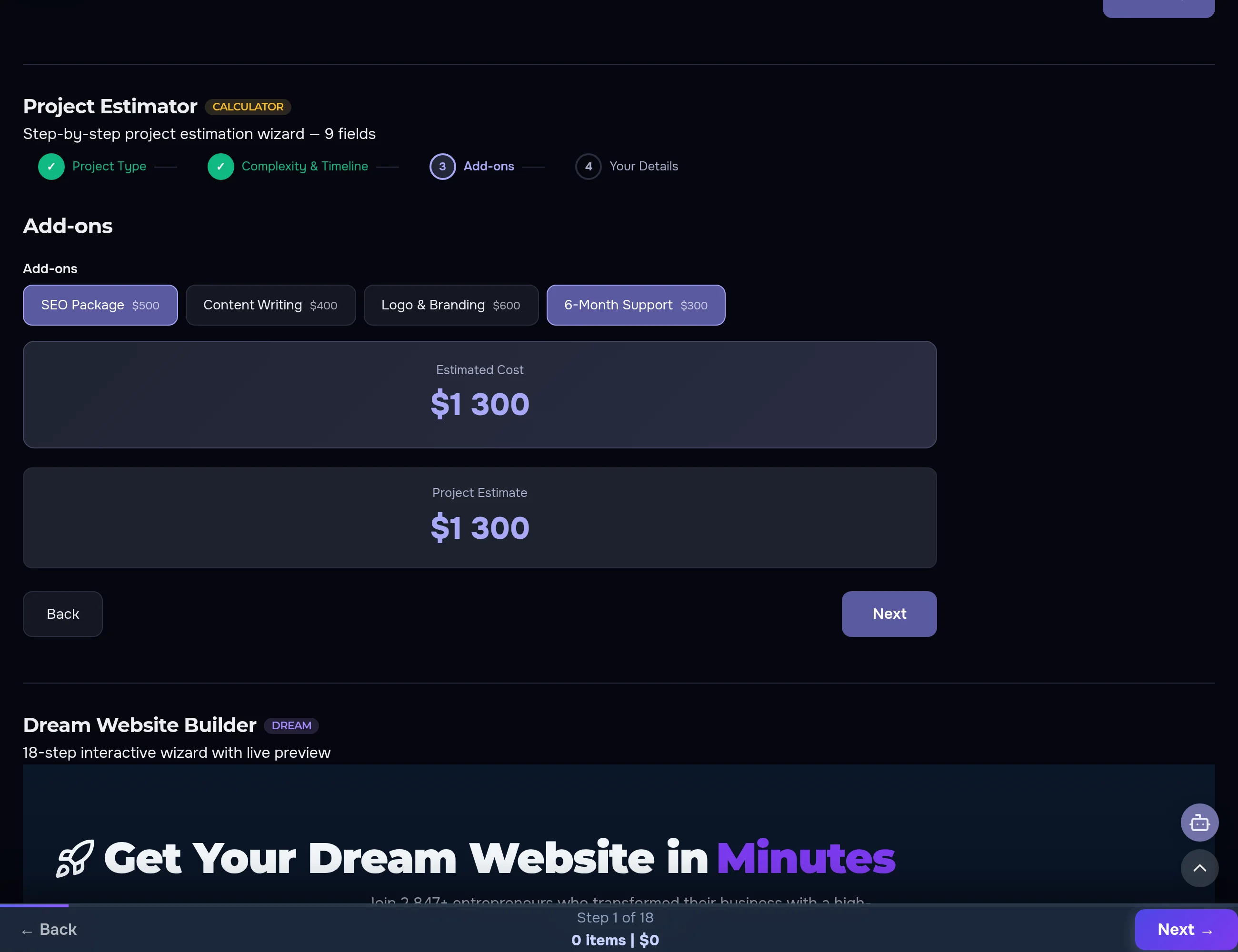 The Add-ons step — SEO package and support selected, the project estimate right on screen