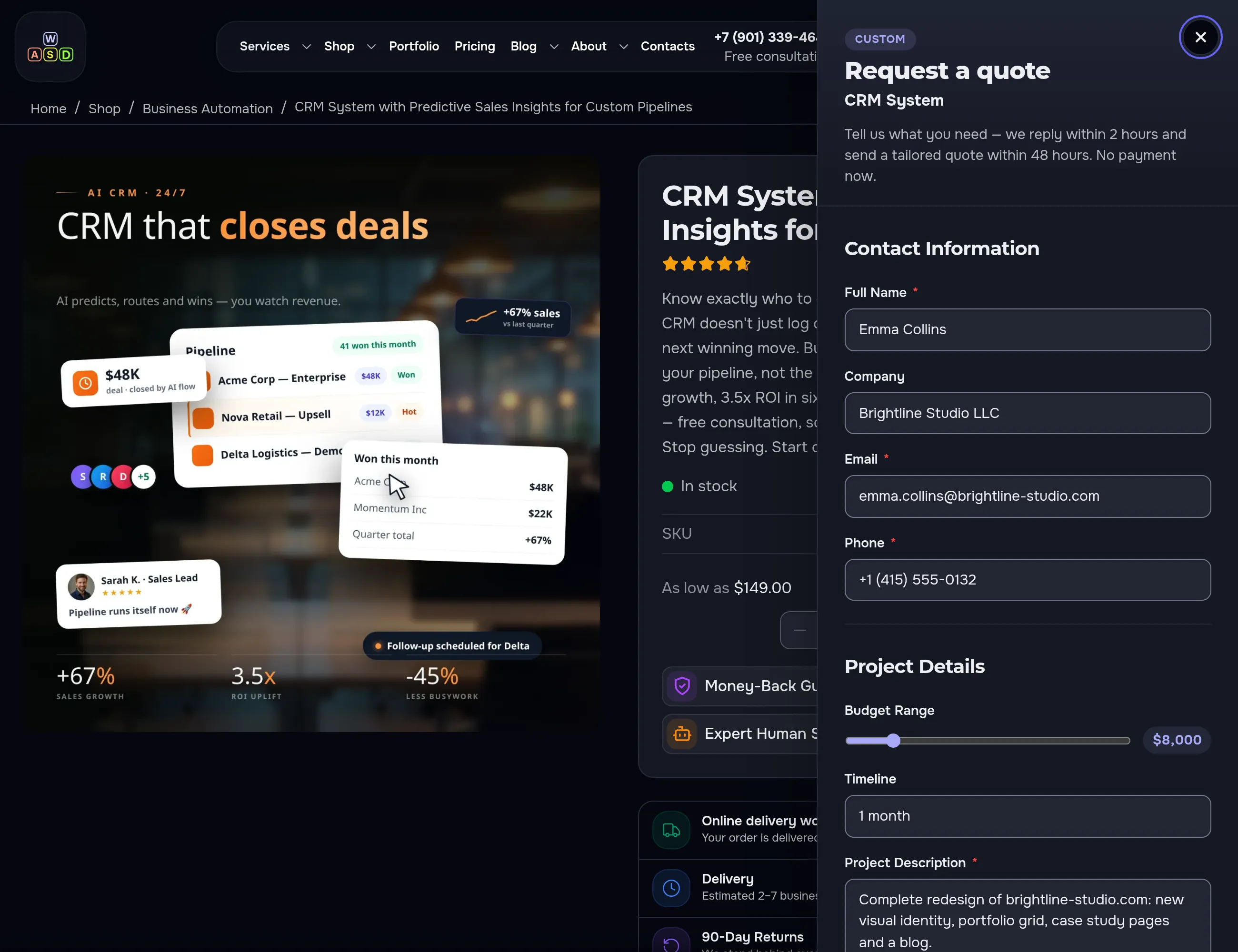 The Request a Quote slide-in panel on a product page — the client stays on the page while the form already knows the product and tier