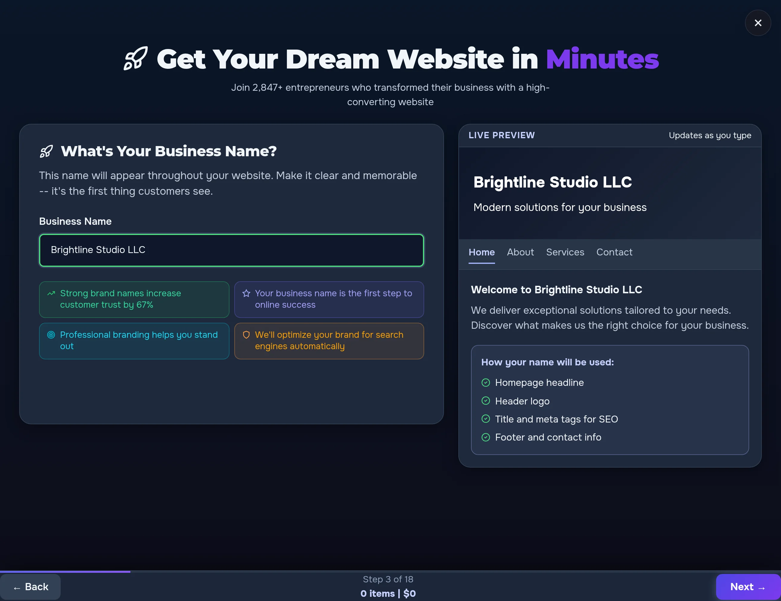The client types their business name — and it instantly appears in the live site preview