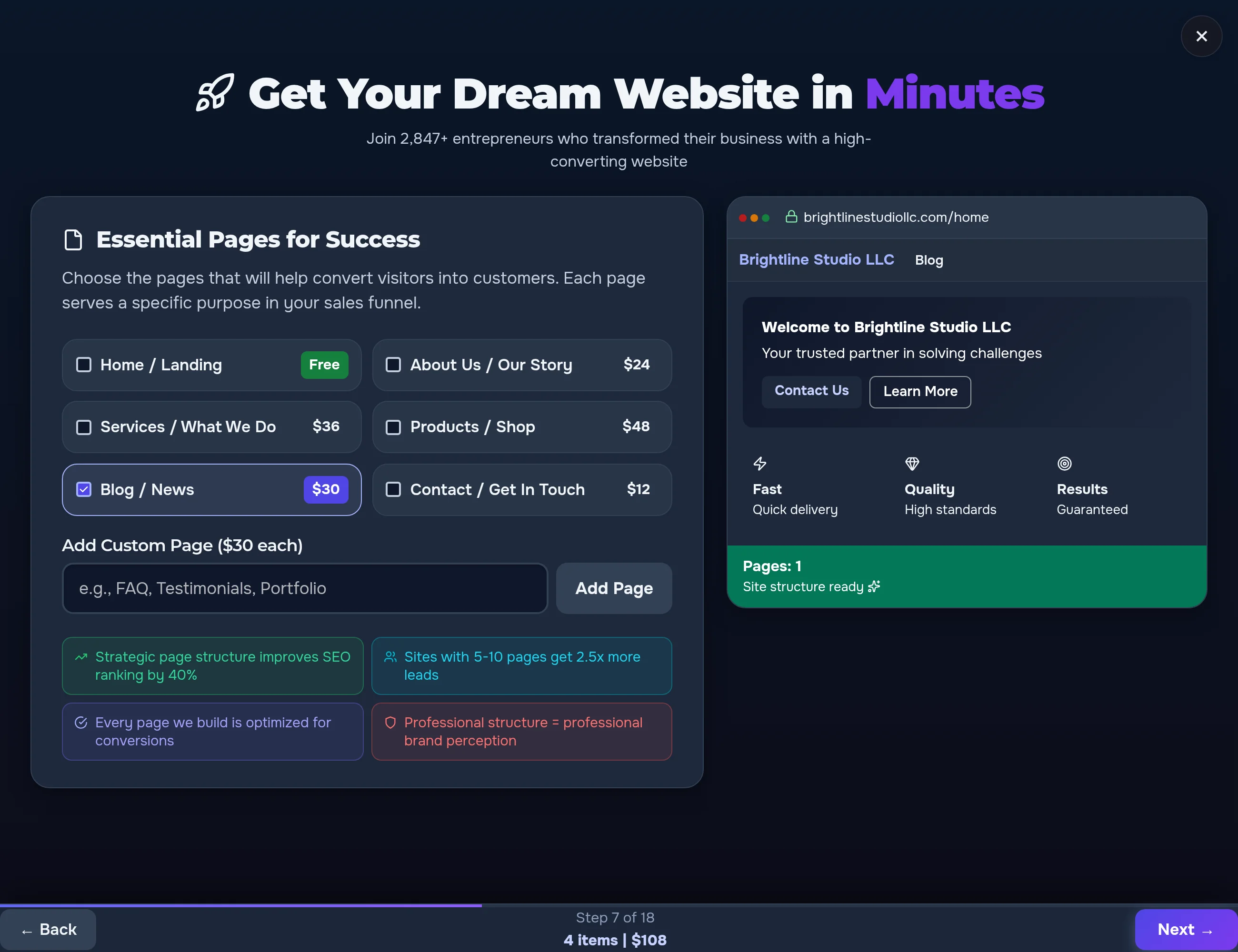 Dream Website Builder — the client picks pages while a live preview of their future site grows on the right