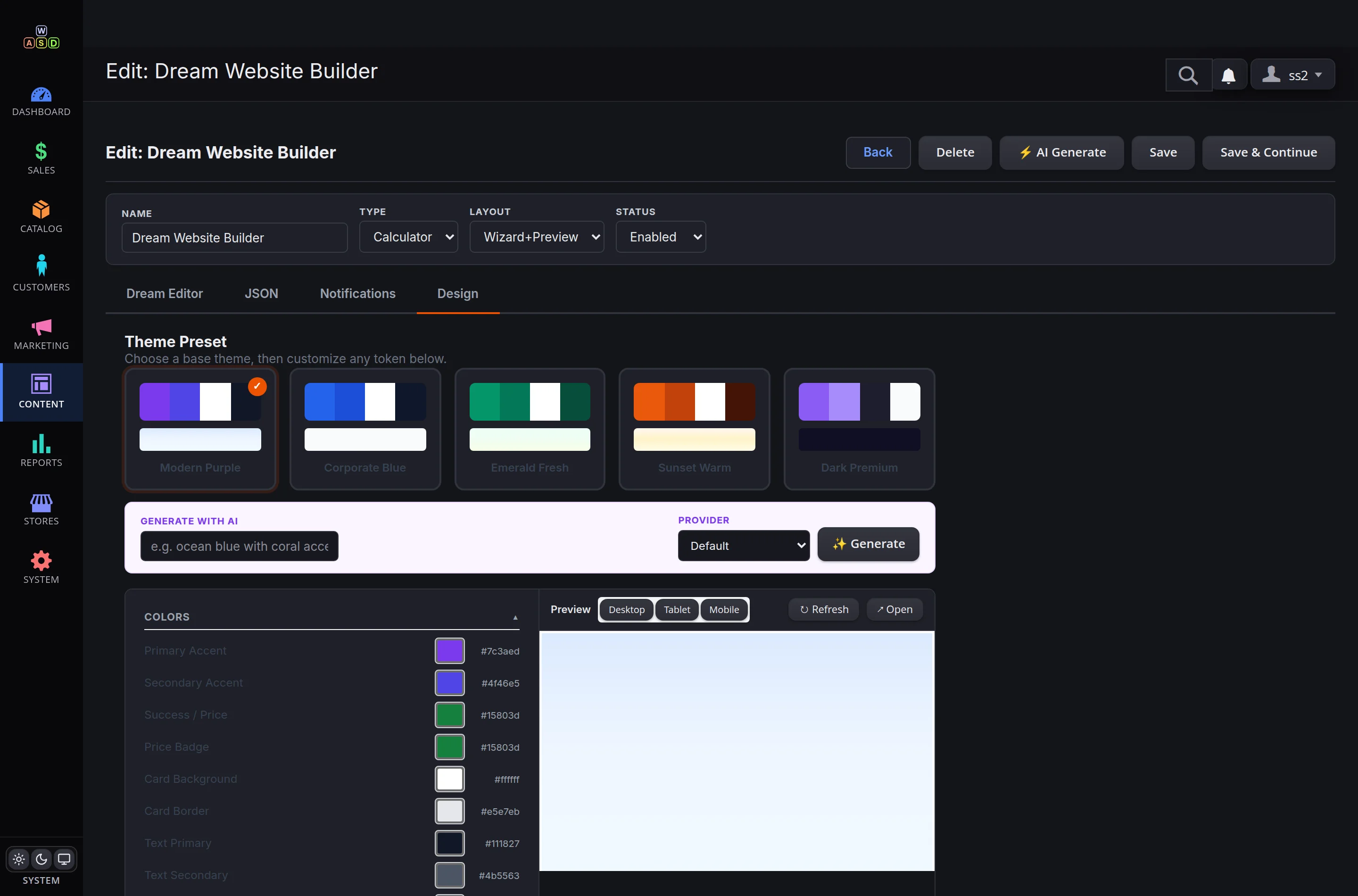 The Design tab — five ready themes, AI theme generation from a text prompt and per-token color control