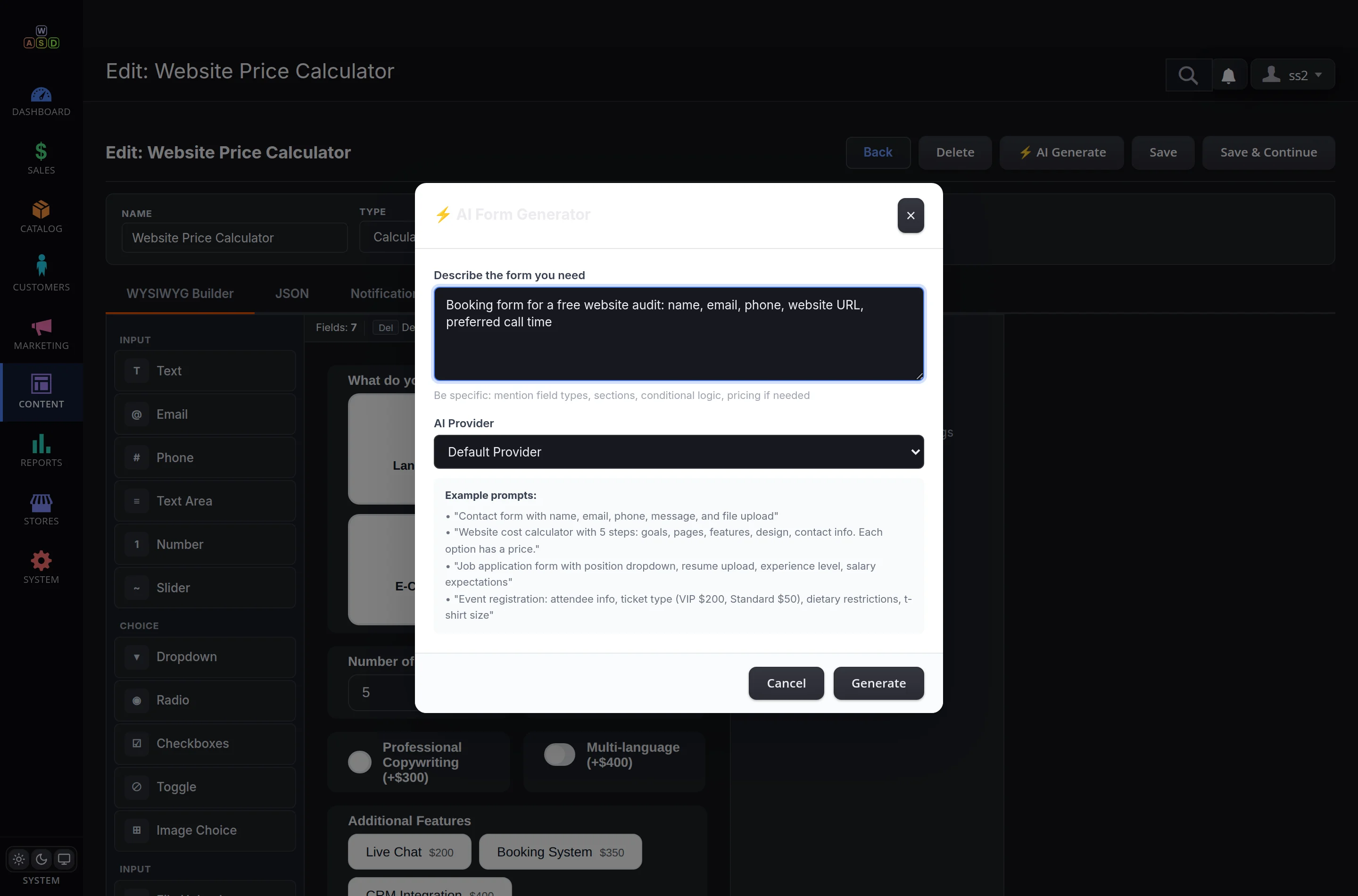 AI generation — describe the form in plain words and the builder assembles the fields for you