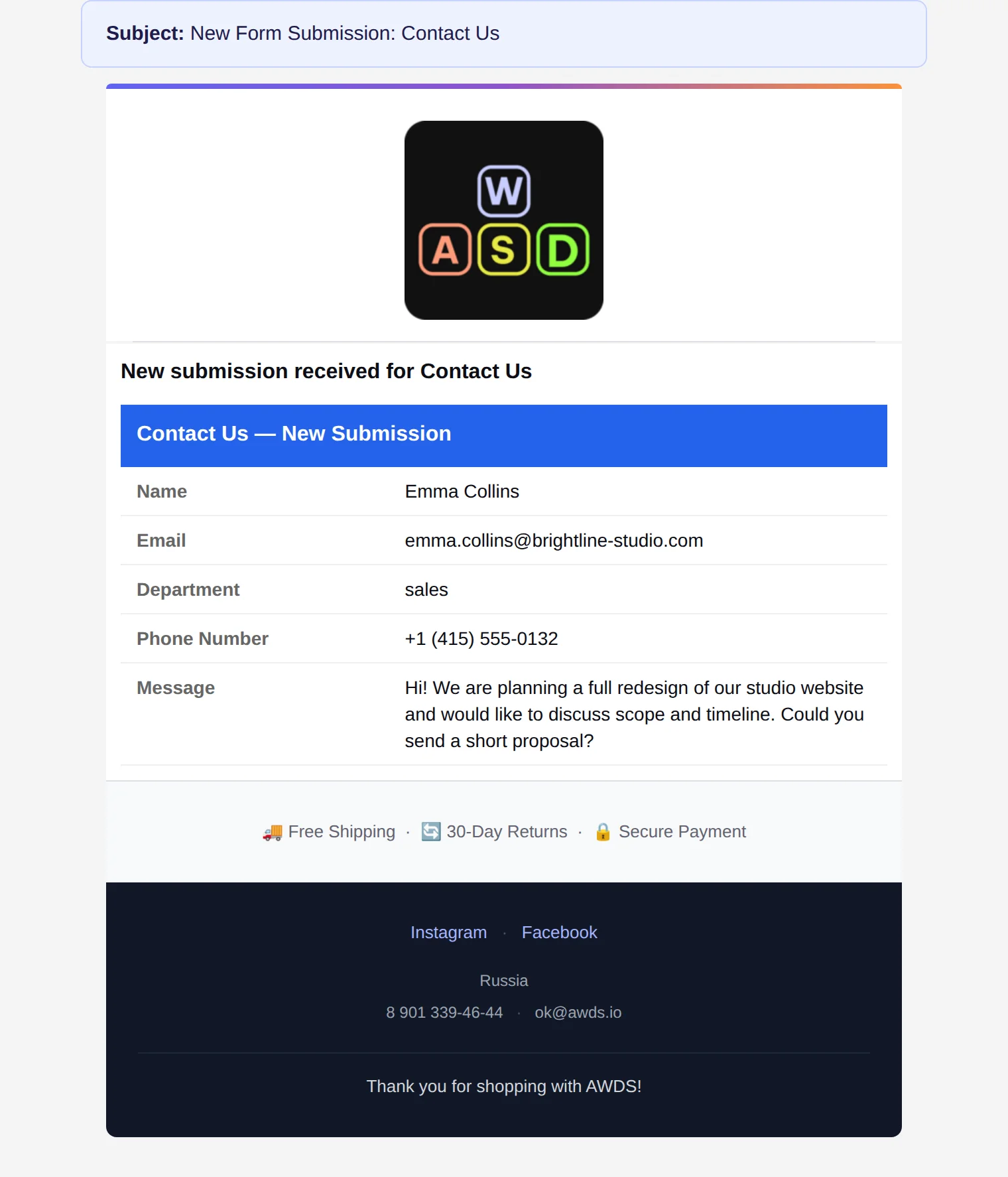 The team email — an enquiry card with all form fields, the department and the client's contacts