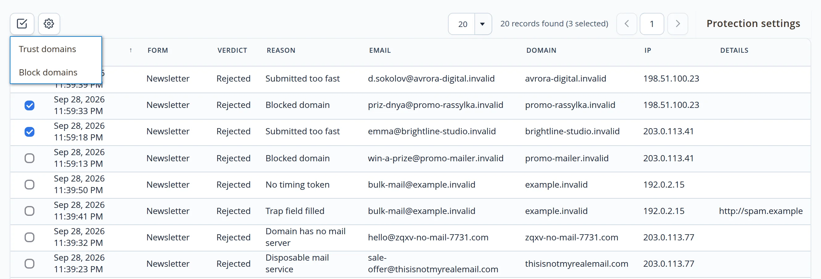 The journal with rows selected and the actions menu: “Trust domains” and “Block domains”