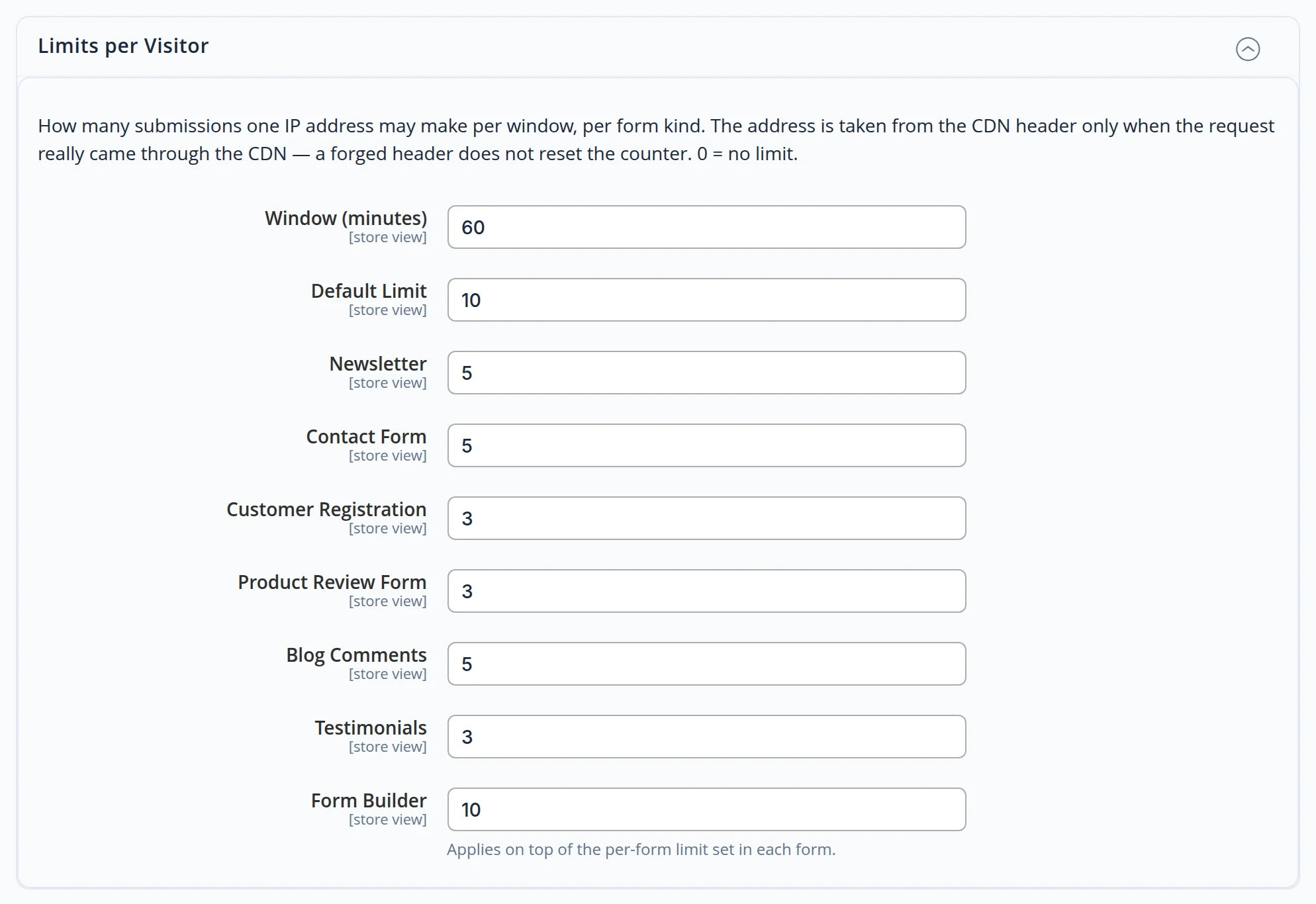 The Form Protection section in the admin panel, the Limits per Visitor group: the window in minutes and the number of submissions separately for the newsletter, contacts, registration, product reviews, blog comments, testimonials and the form builder