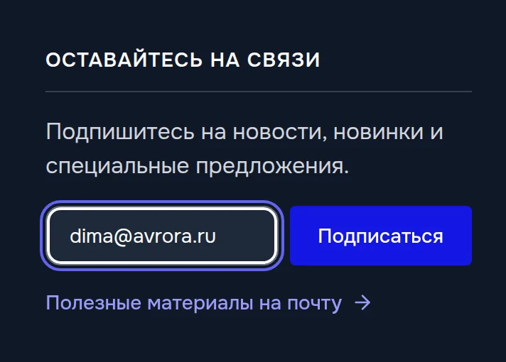 Форма подписки в подвале сайта: поле адреса и кнопка — без капчи и лишних шагов