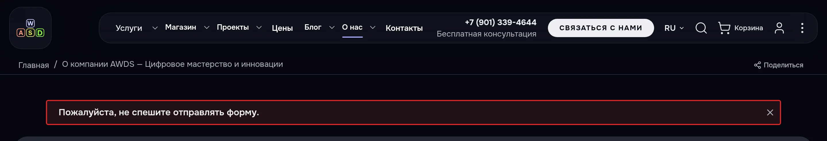 Тёмная тема: сообщение после слишком быстрой отправки — «Пожалуйста, не спешите отправлять форму»