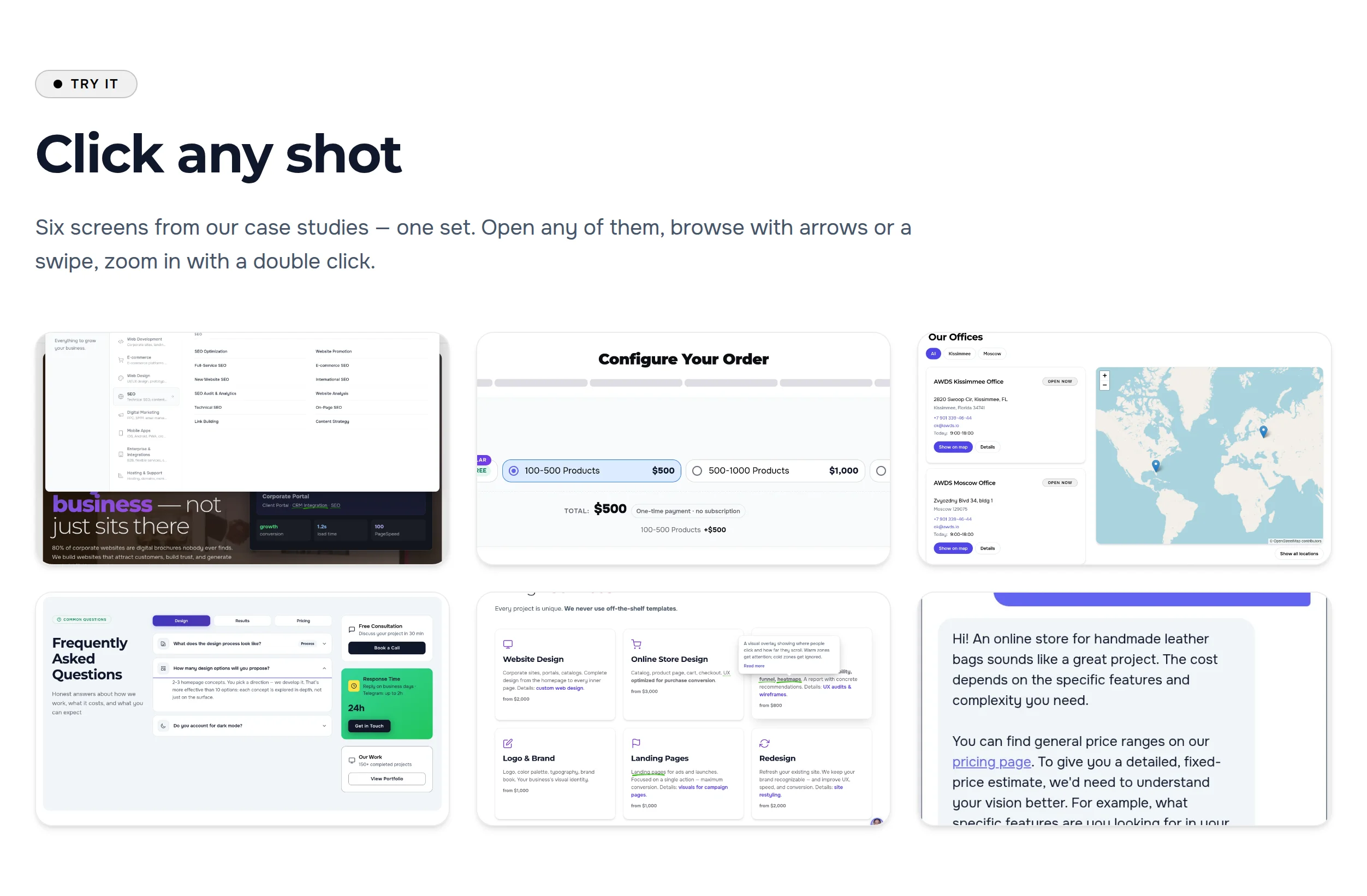 A page section with six screenshots — each one opens full screen with a click