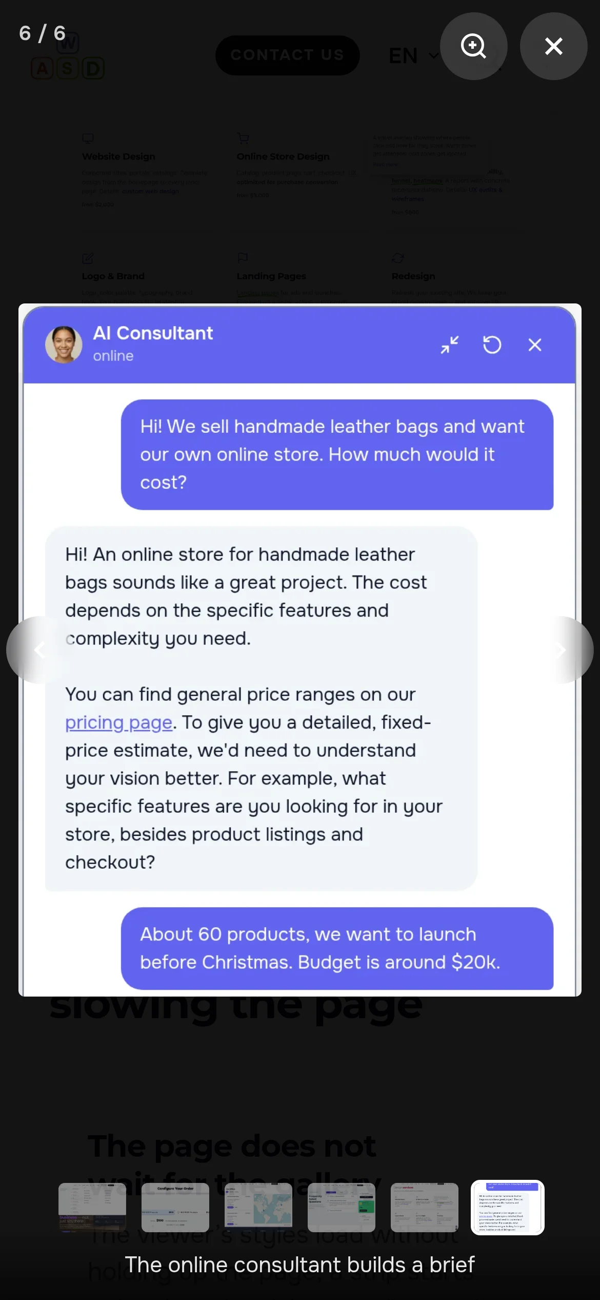 The viewer on a phone: the shot fills the screen width, with the counter, caption and thumbnails