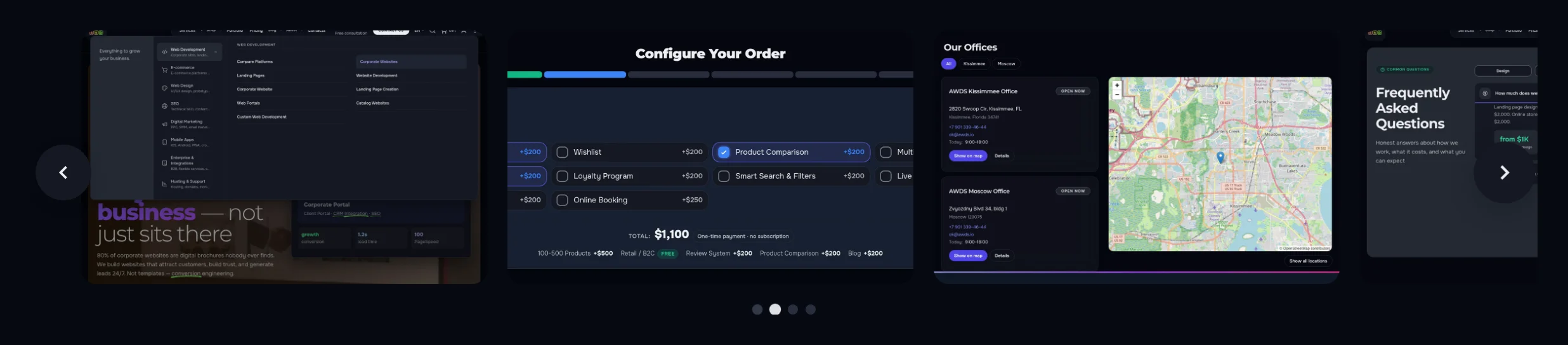 The same strip in the site’s dark theme: cards, arrows and dots below the strip