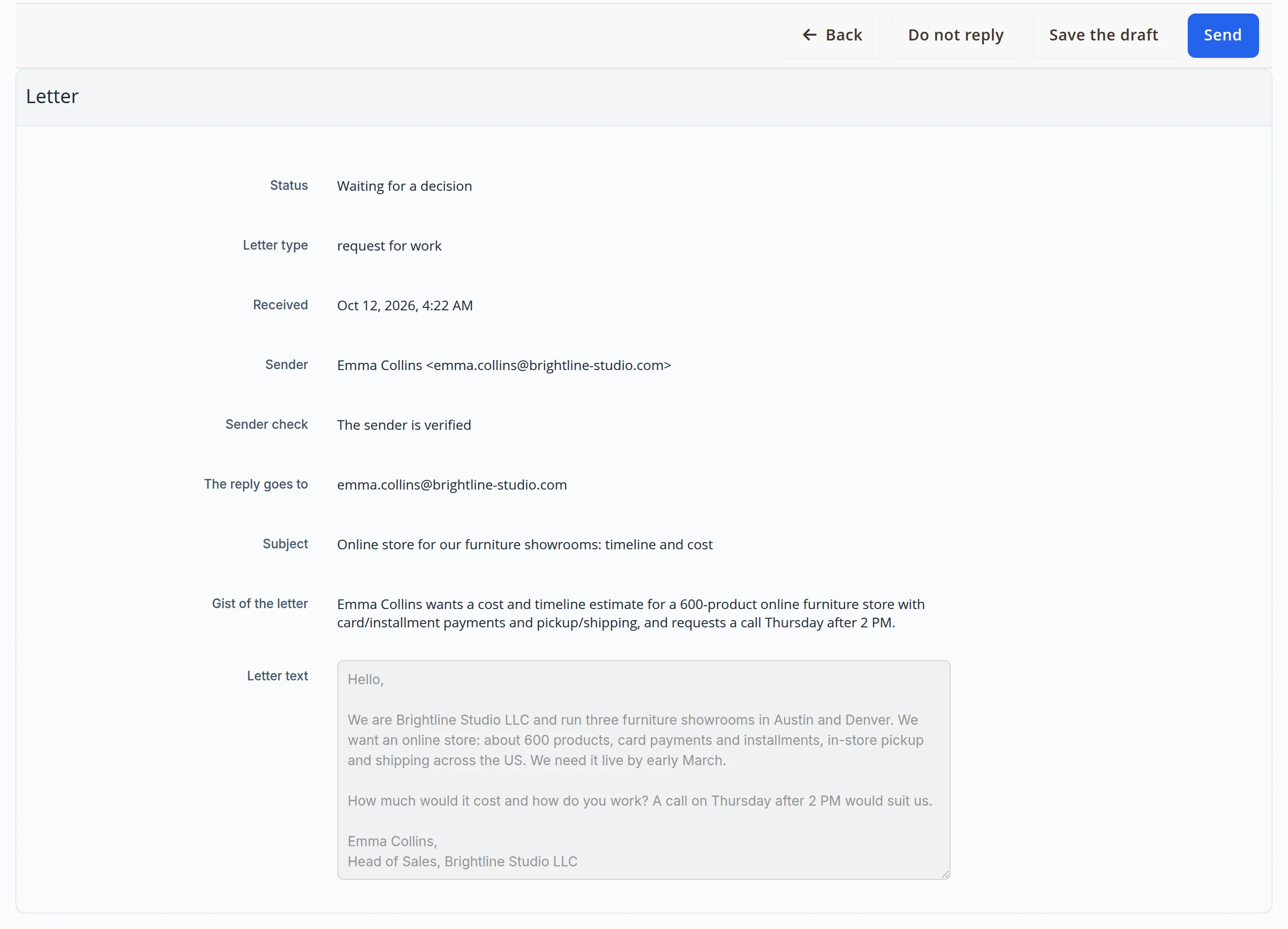 Letter #20 card: request for work, the sender is verified, the reply goes to emma.collins@brightline-studio.com, gist — a 600-product online store by early March; buttons Do not reply, Save the draft, Send